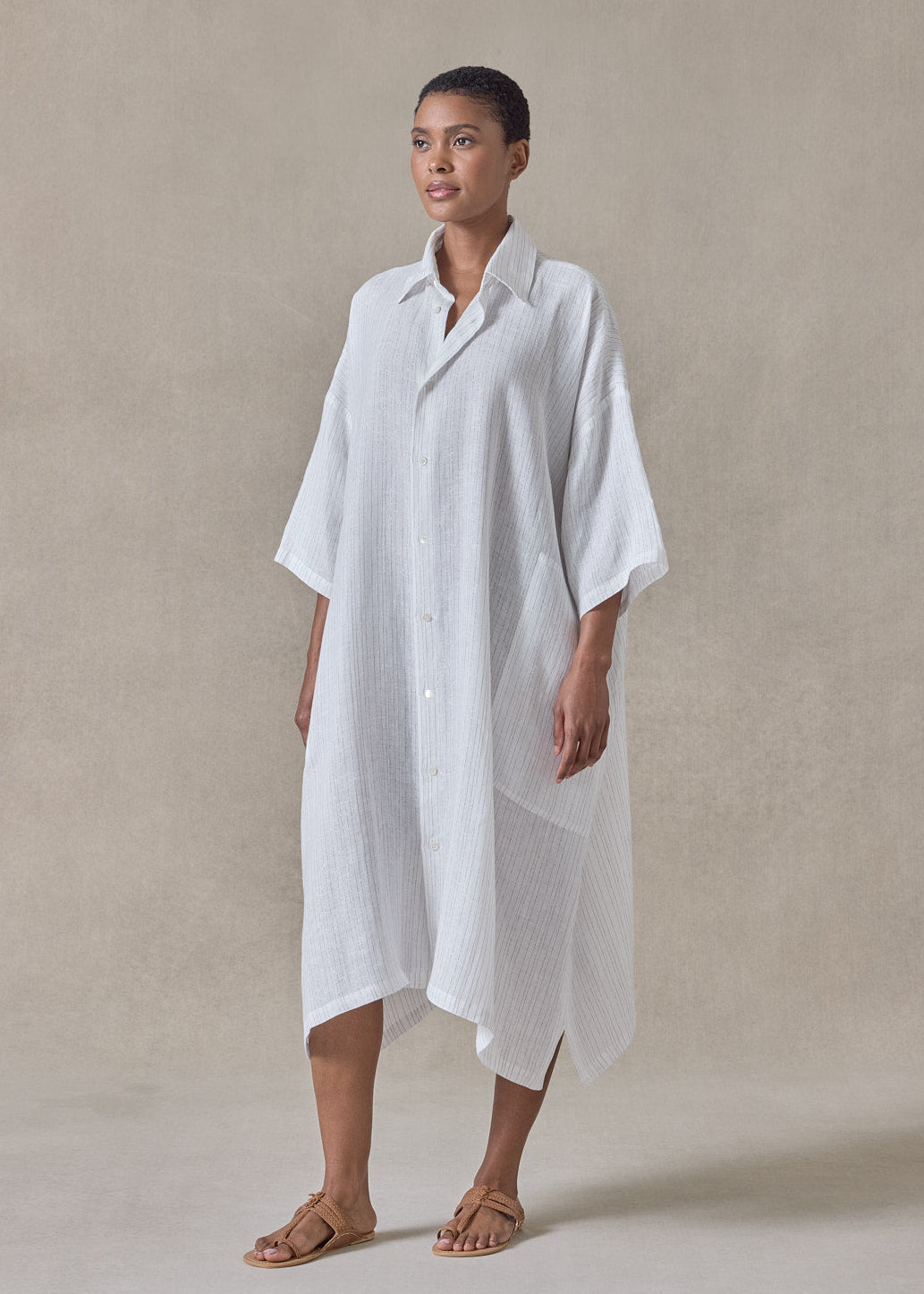 extrafine gold stripe linen wide a-line short sleeve shirt dress with collar (white)