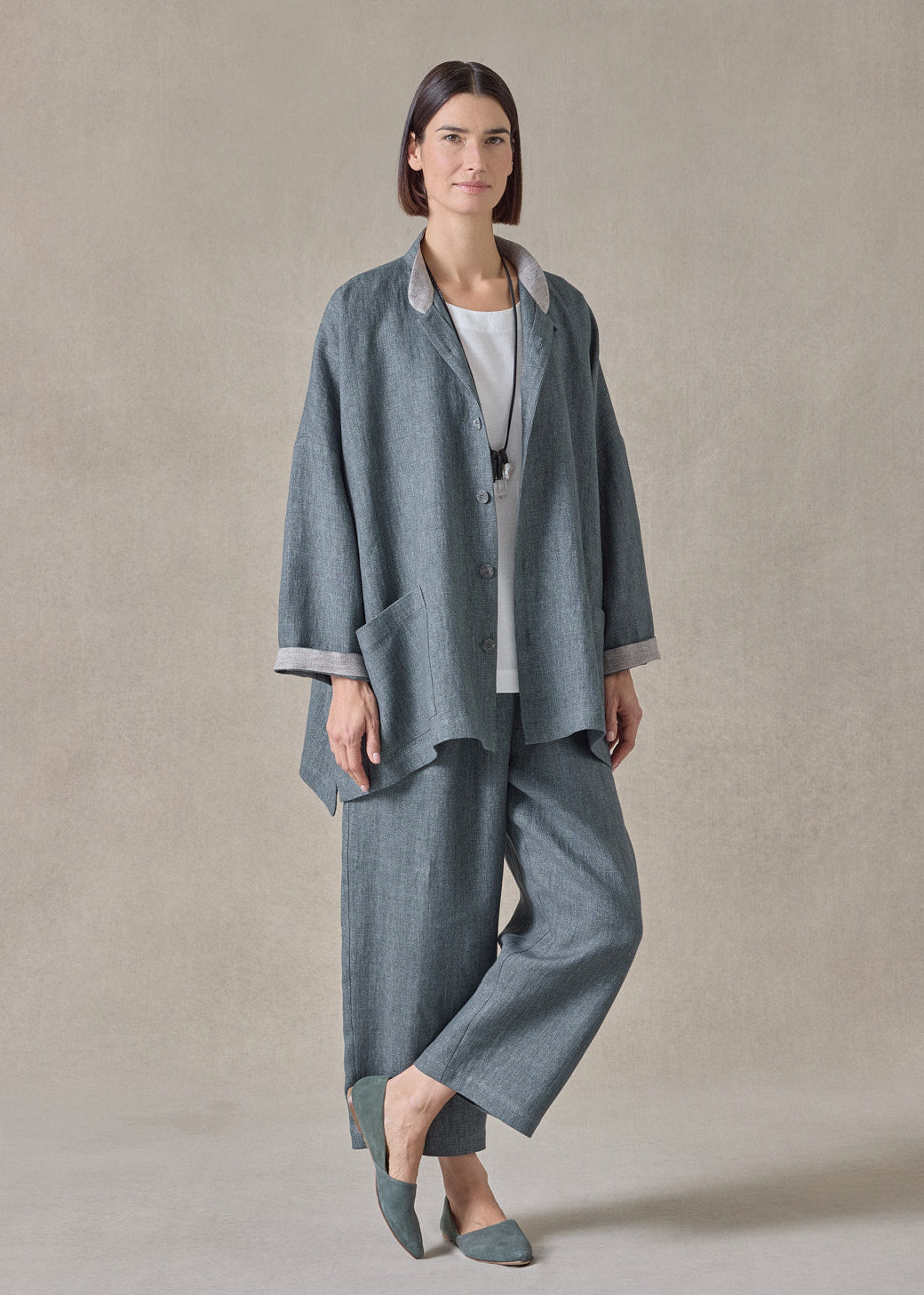 heavyweight delave linen longer back wide mandarin jacket - long (petrol)