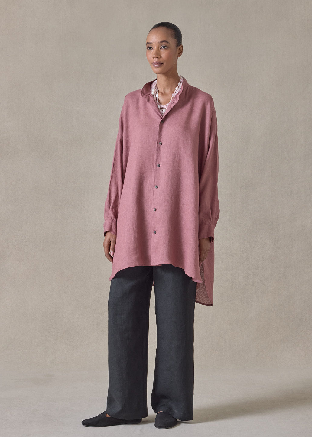 handkerchief linen wide a-line collarless classic shirt - long plus (darkpink)