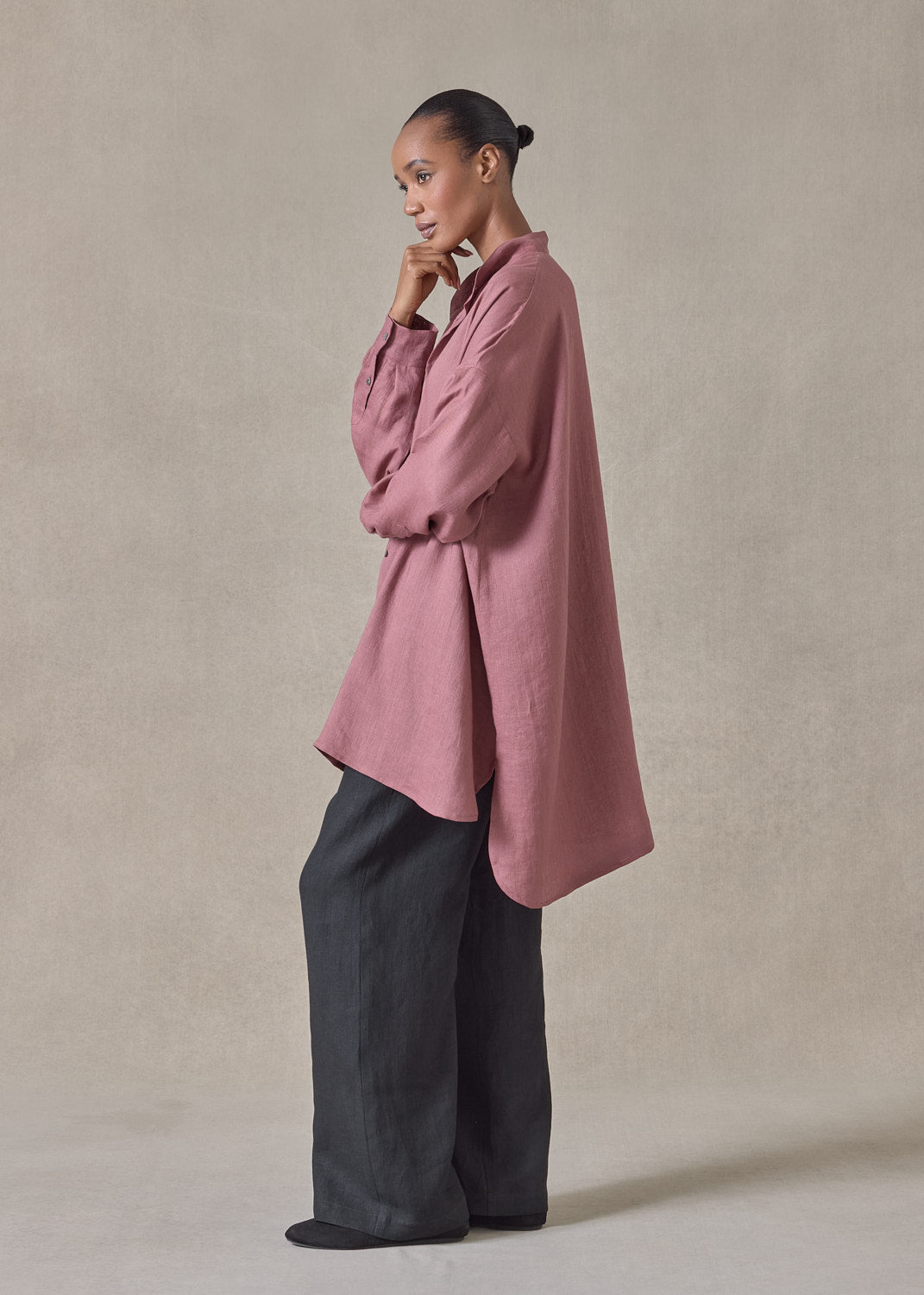 handkerchief linen wide a-line collarless classic shirt - long plus (darkpink)
