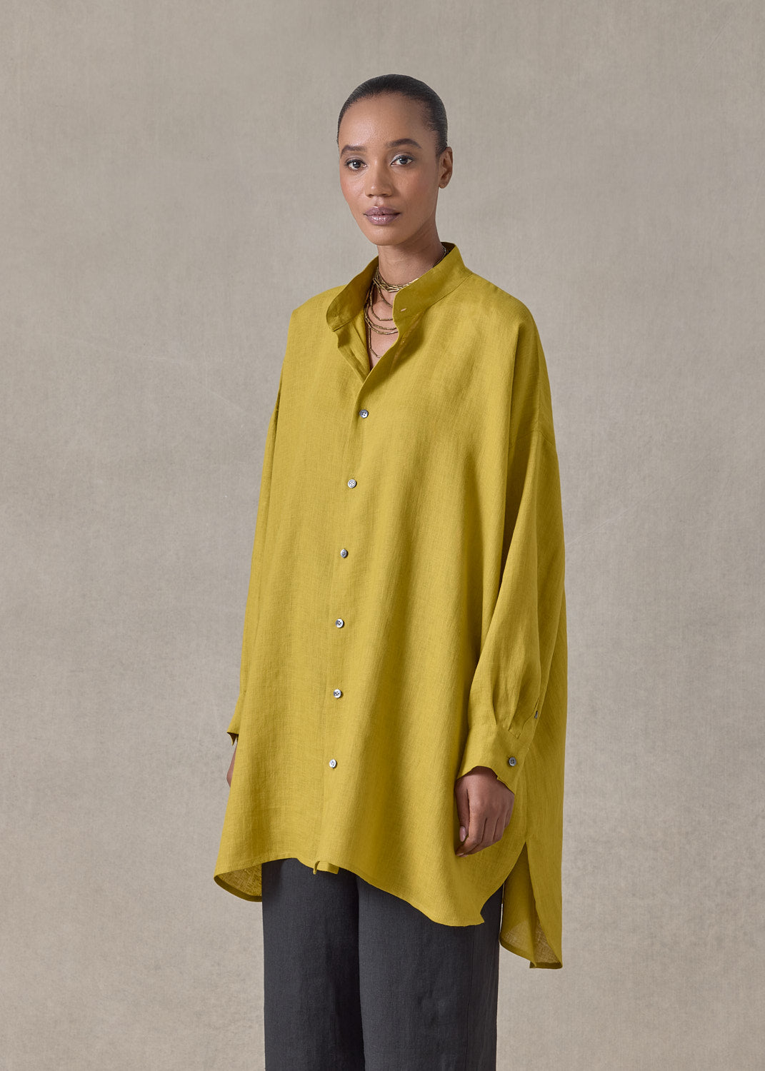 handkerchief linen wide a-line collarless classic shirt - long plus (dijon)