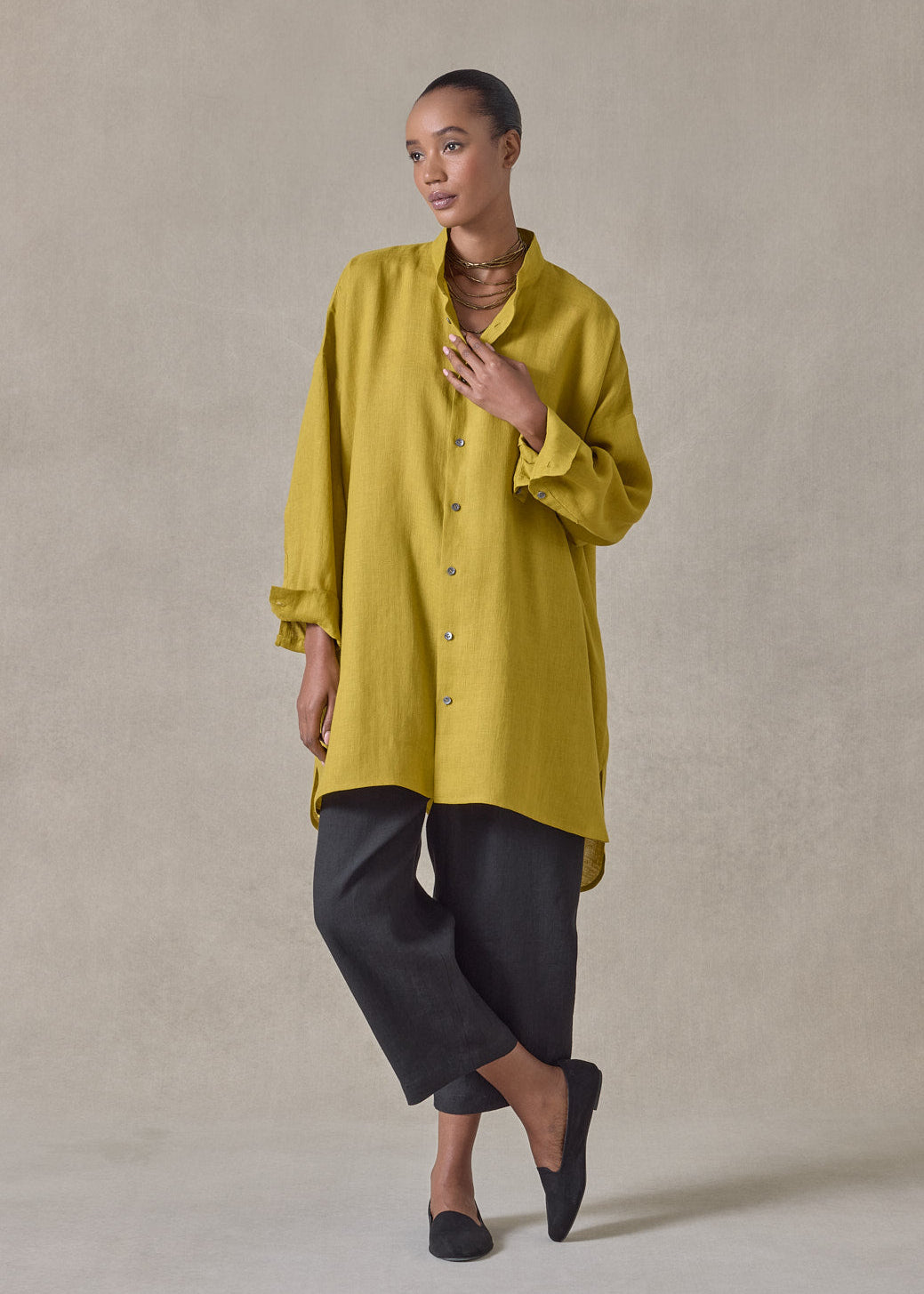 handkerchief linen wide a-line collarless classic shirt - long plus (dijon)