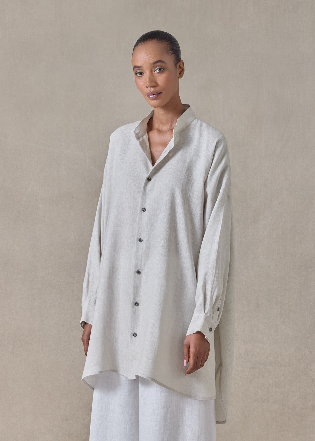 handkerchief linen wide a-line collarless classic shirt - long plus (silvertint)