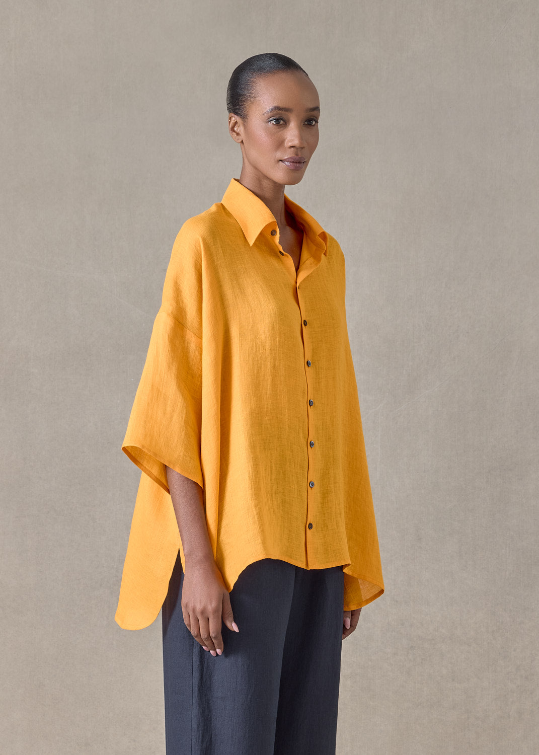 handkerchief linen sloped shoulder wide a-line short sleeve shirt with collar - mid plus (sunflower)