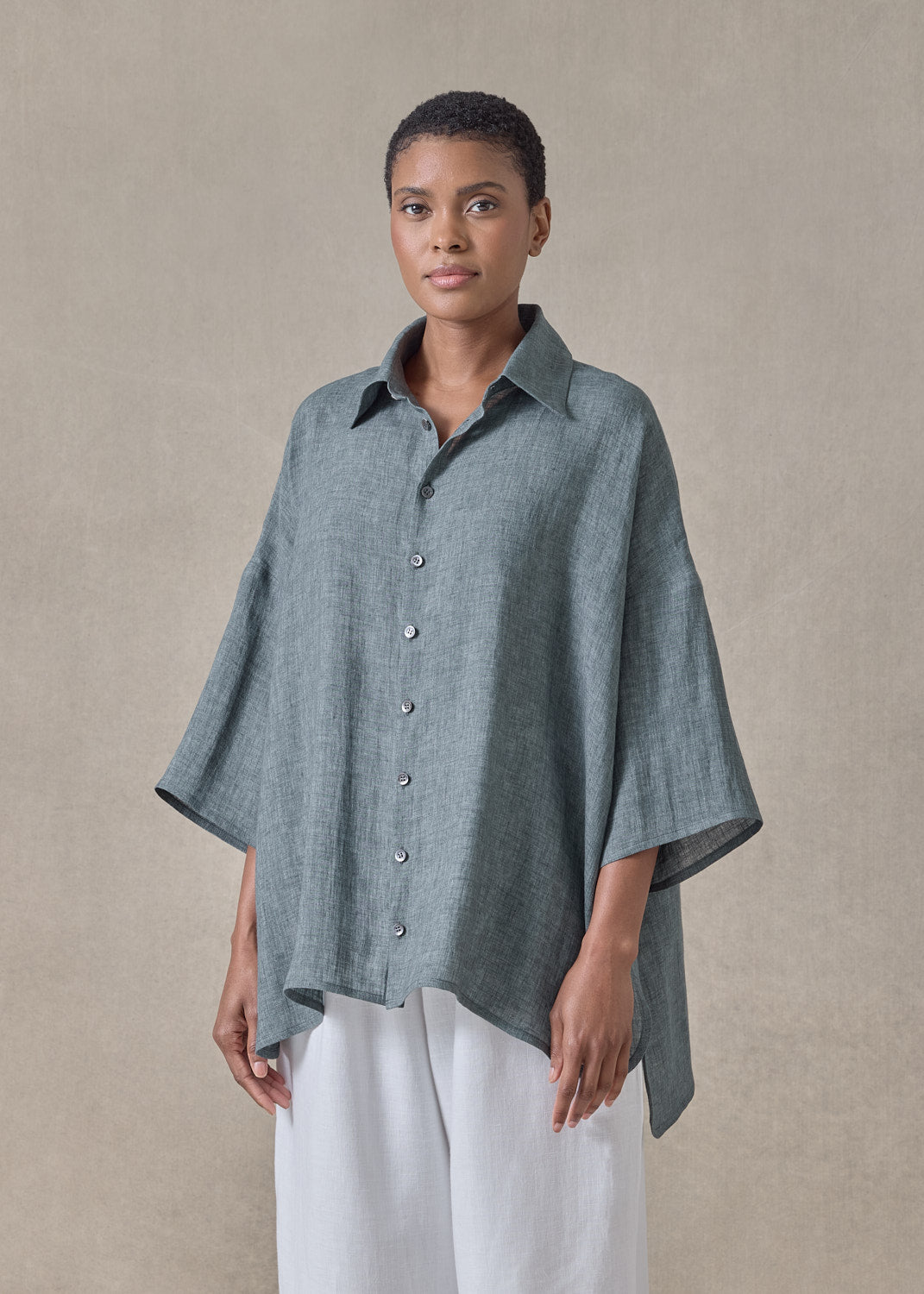 handkerchief delave linen sloped shoulder wide a-line short sleeve shirt with collar - mid plus (petrol)