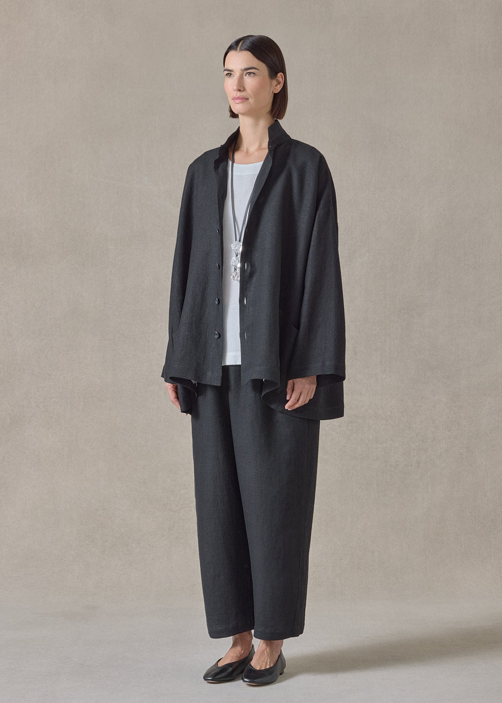 Heavyweight linen angle to front double stand collar jacket - long (black)