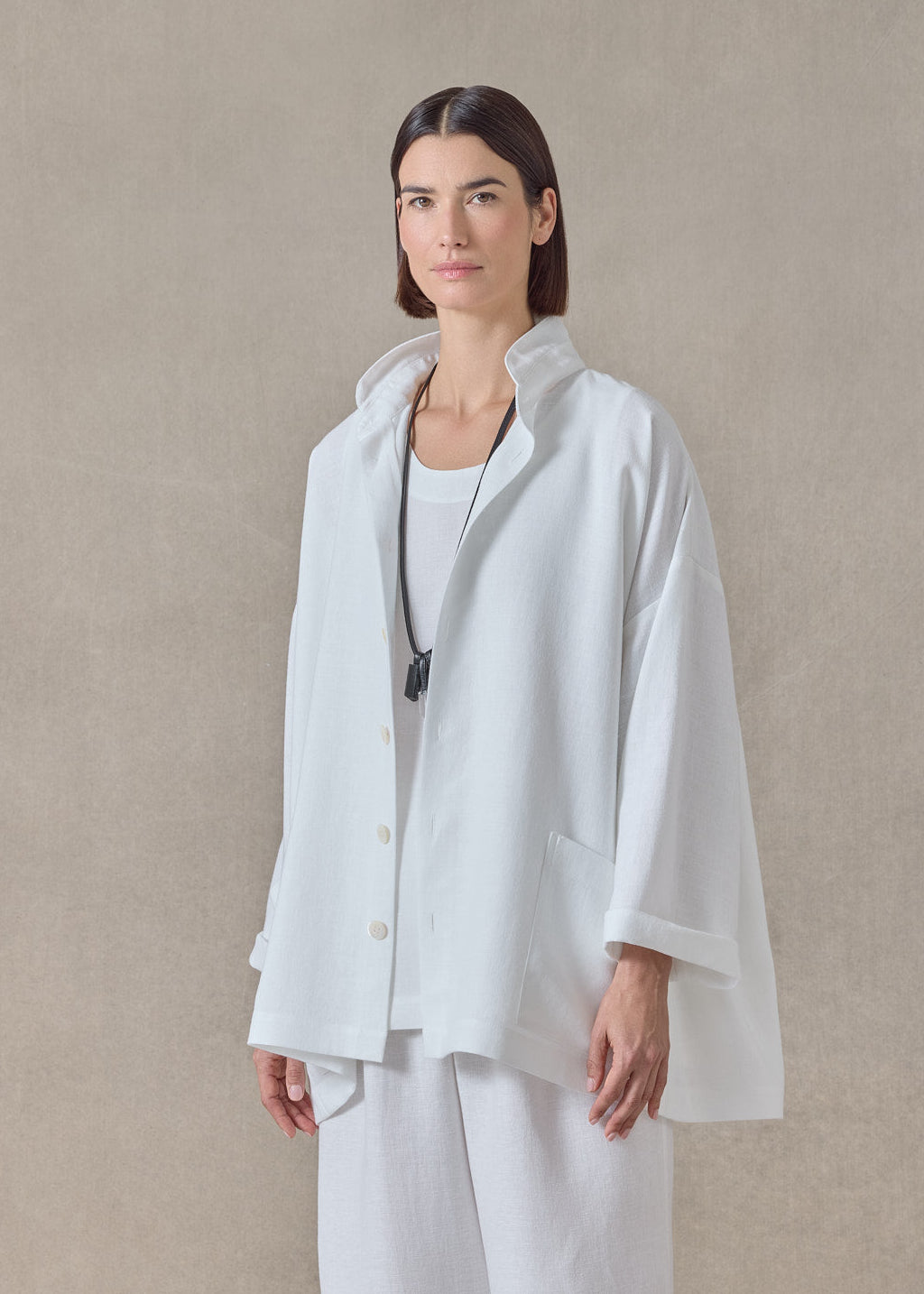 Heavyweight linen angle to front double stand collar jacket - long (white)