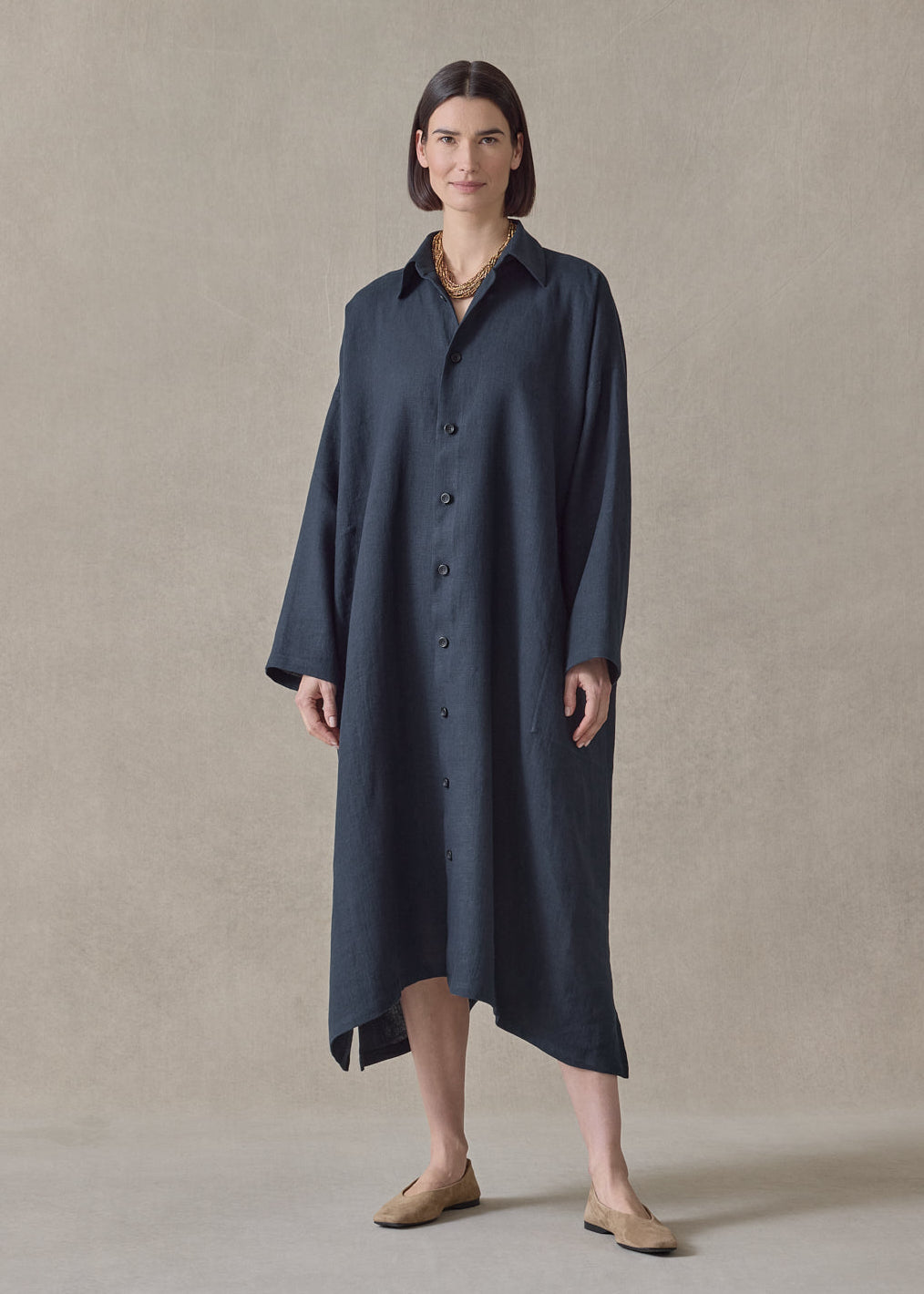 heavyweight linen wide a-line back pleat shirt dress with collar (navydark)