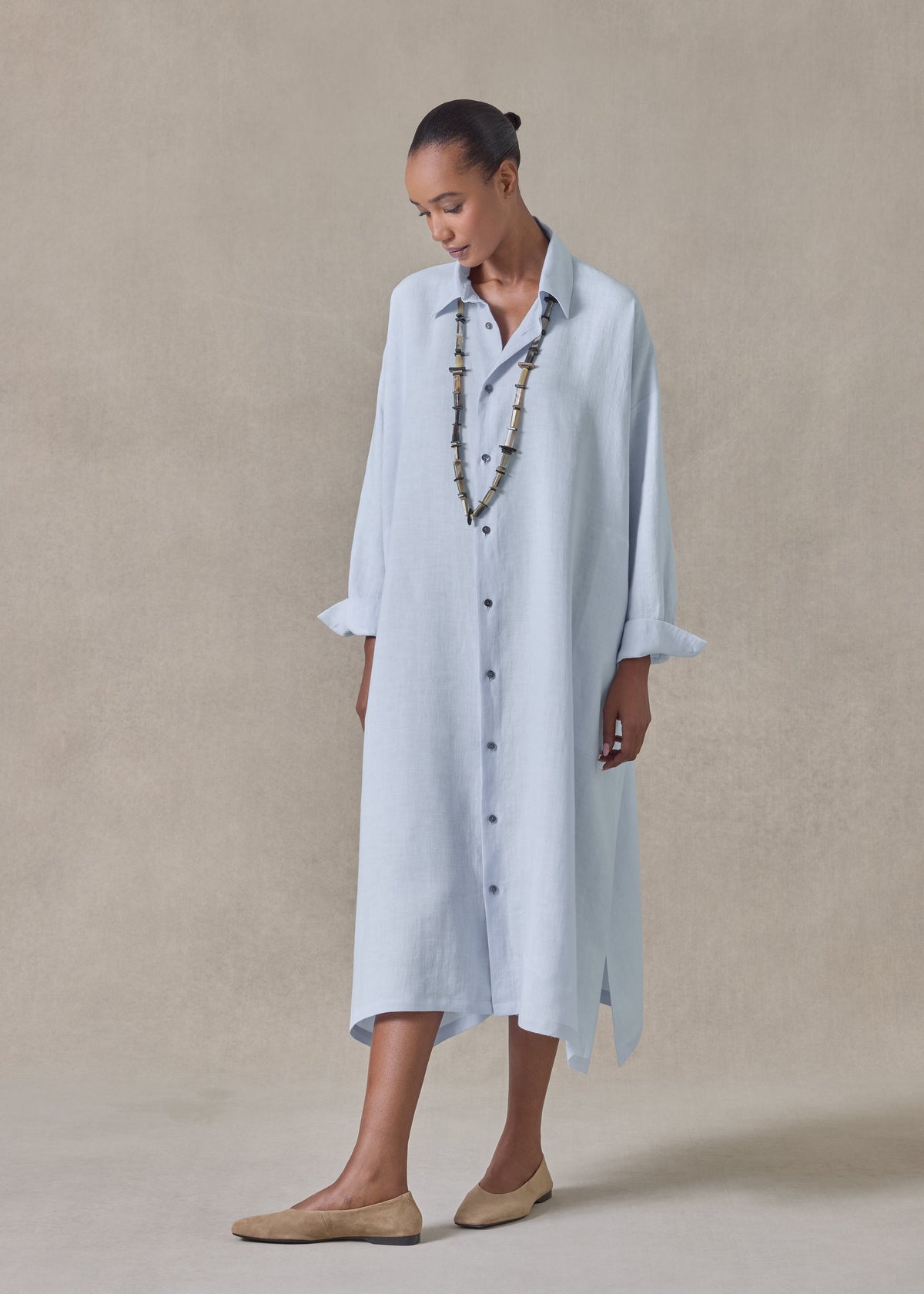 lightweight linen wide a-line shirt dress with collar (bridgertonblue)