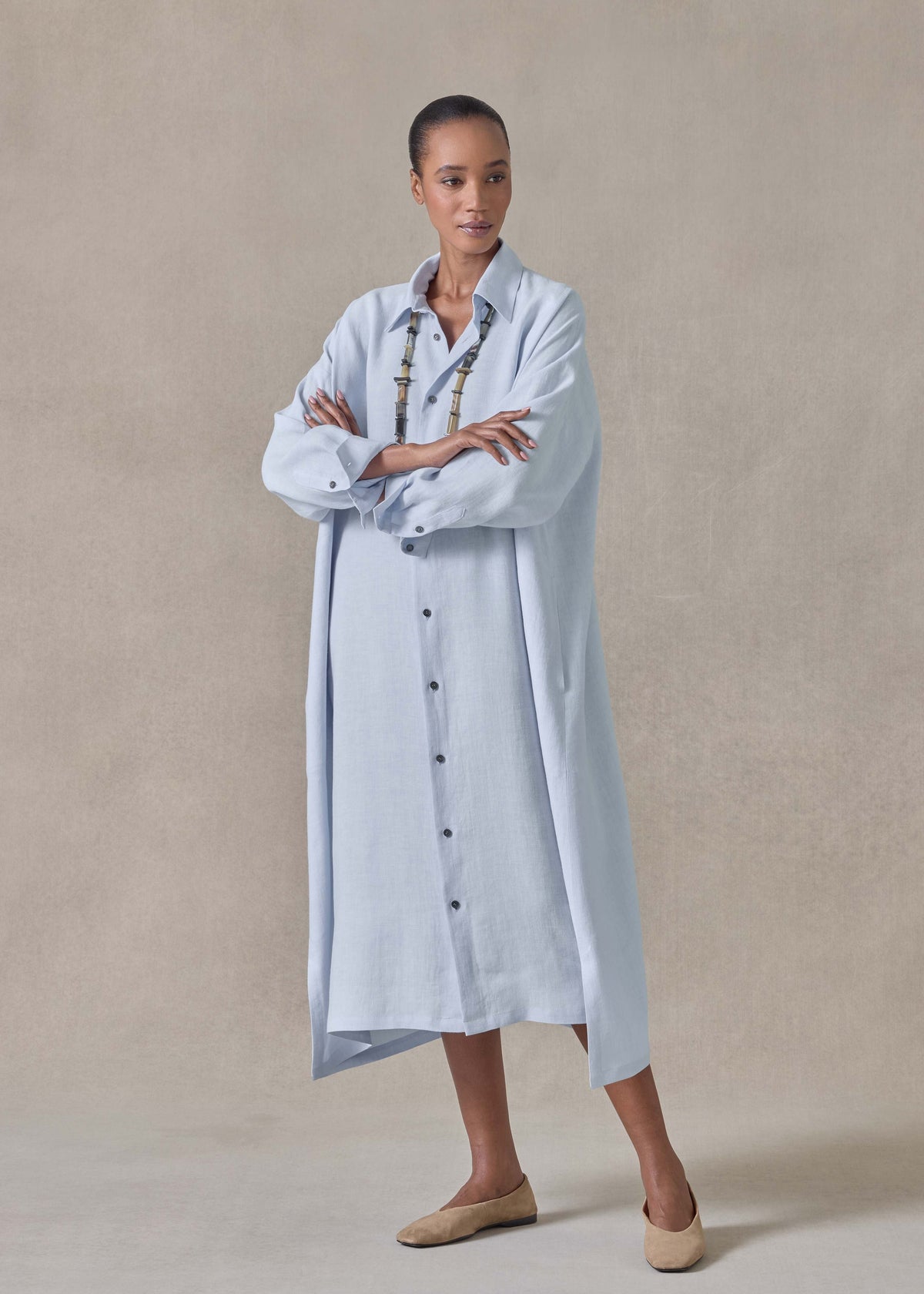 lightweight linen wide a-line shirt dress with collar (bridgertonblue)