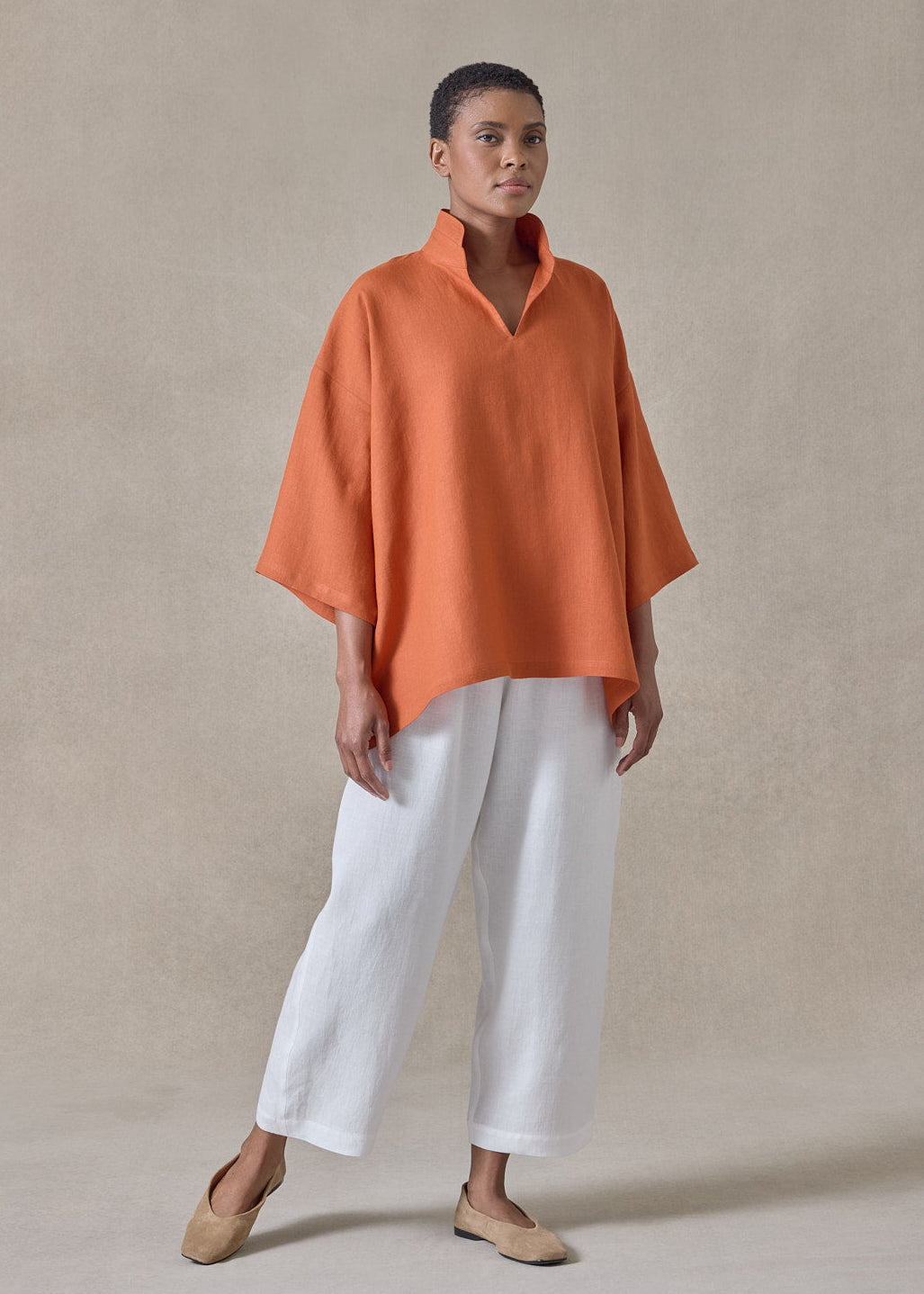 lightweight linen a-line short sleeve tunic with double stand collar - mid (burntorange)