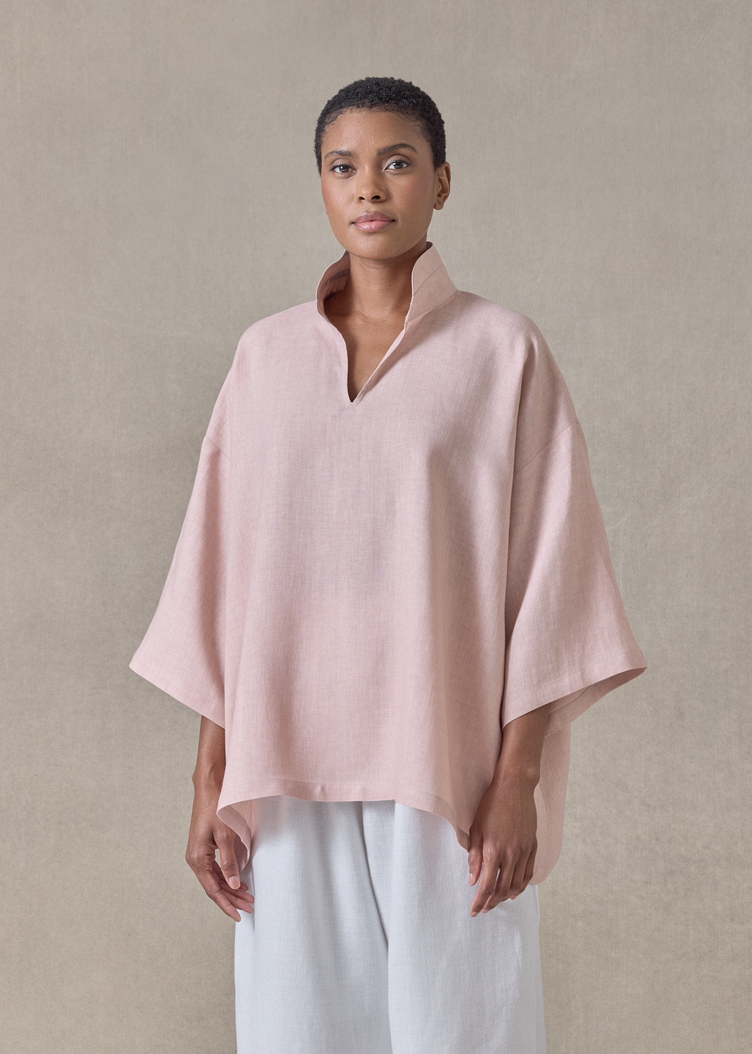 linen a-line short sleeve tunic with double stand collar - mid (rosepowder)