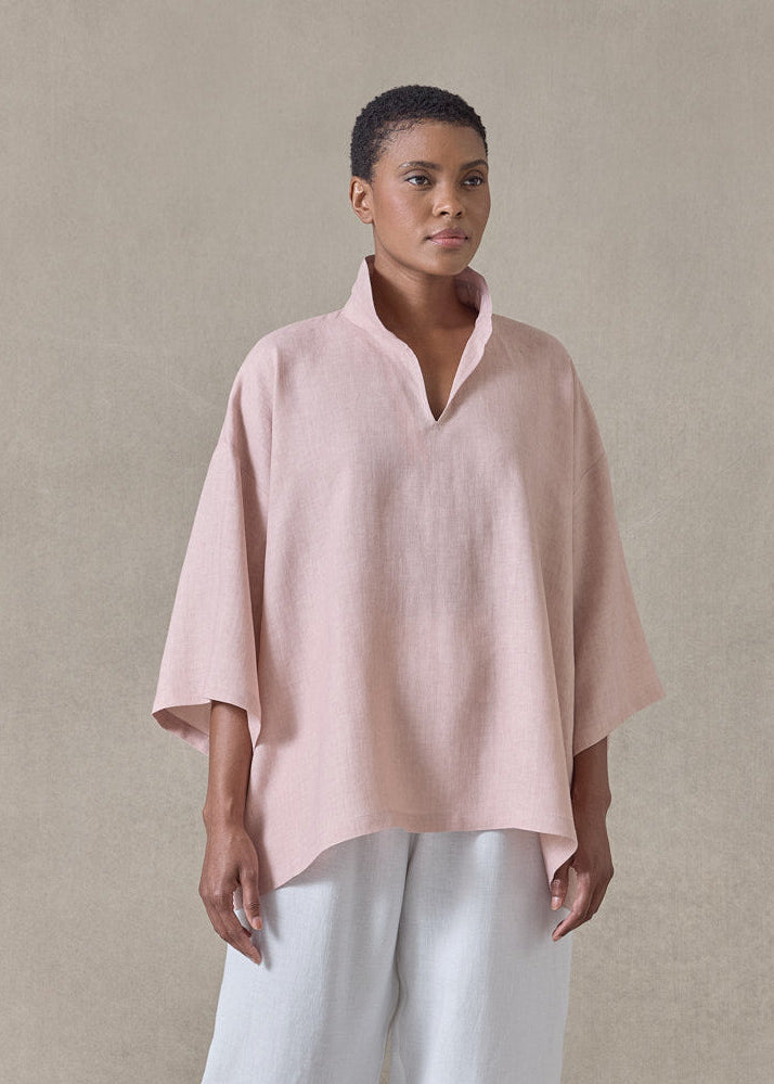 linen a-line short sleeve tunic with double stand collar - mid (rosepowder)
