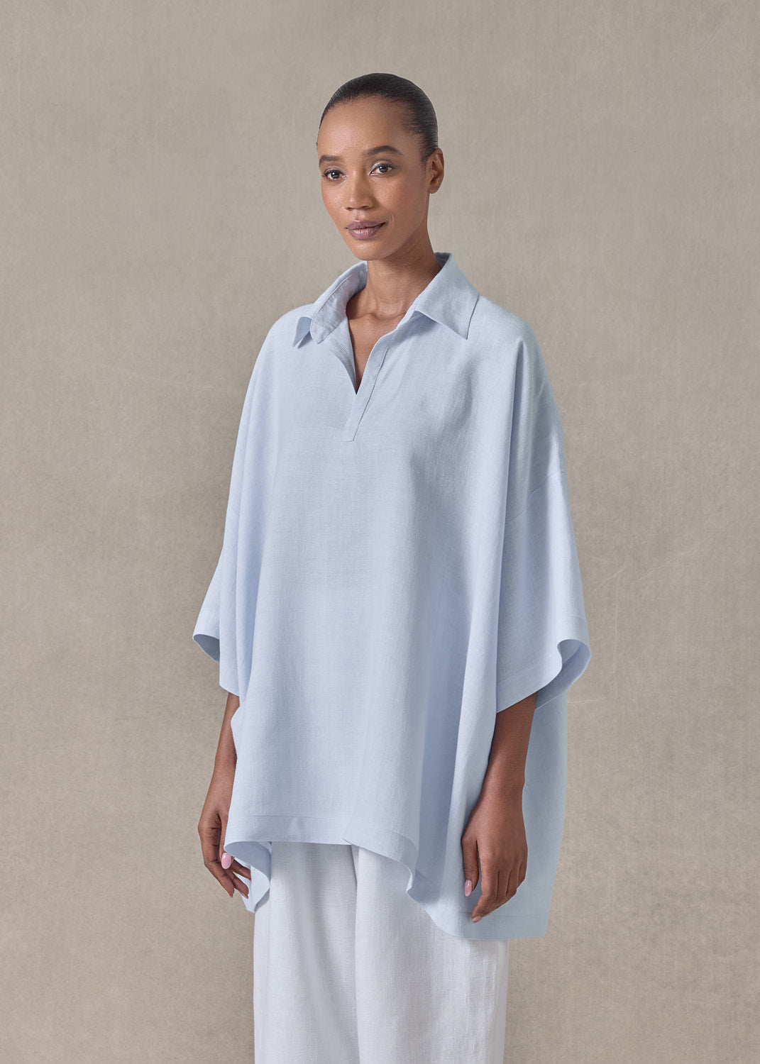 lightweight linen angle to front side seam short sleeve tunic - long (bridgertonblue)