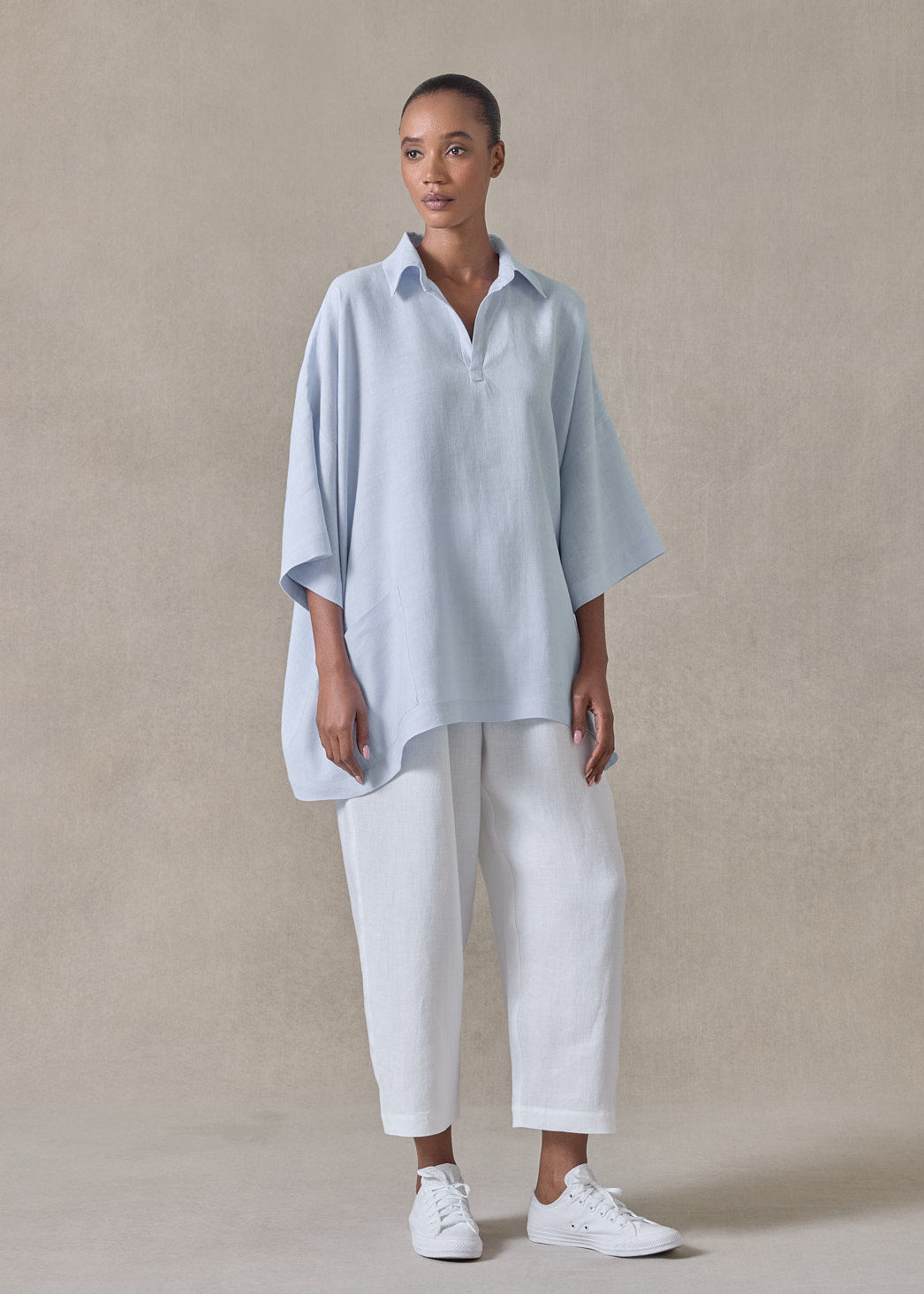 lightweight linen angle to front side seam short sleeve tunic - long (bridgertonblue)