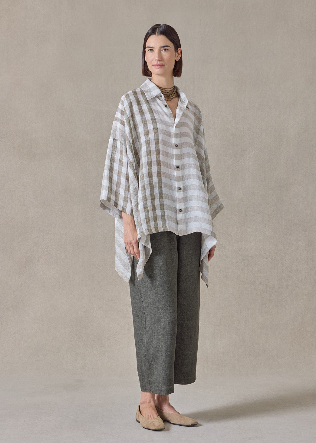 linen double pointed sides shirt with collar - mid plus (olive)
