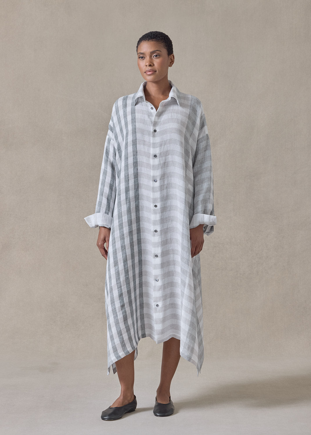linen wide a-line shirt dress with collar (petrol)