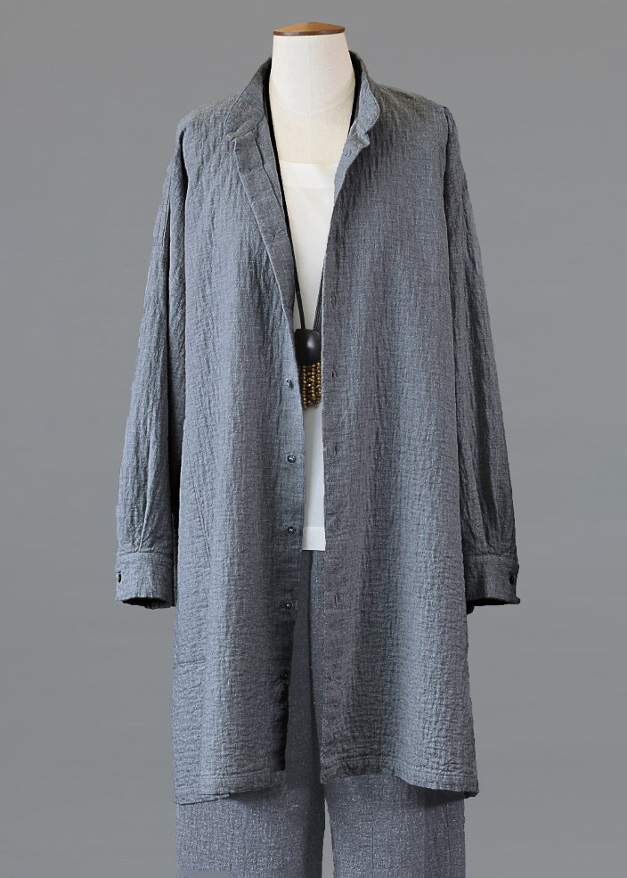 cotton wide a-line collarless shirt - very long with slits (derbygrey)