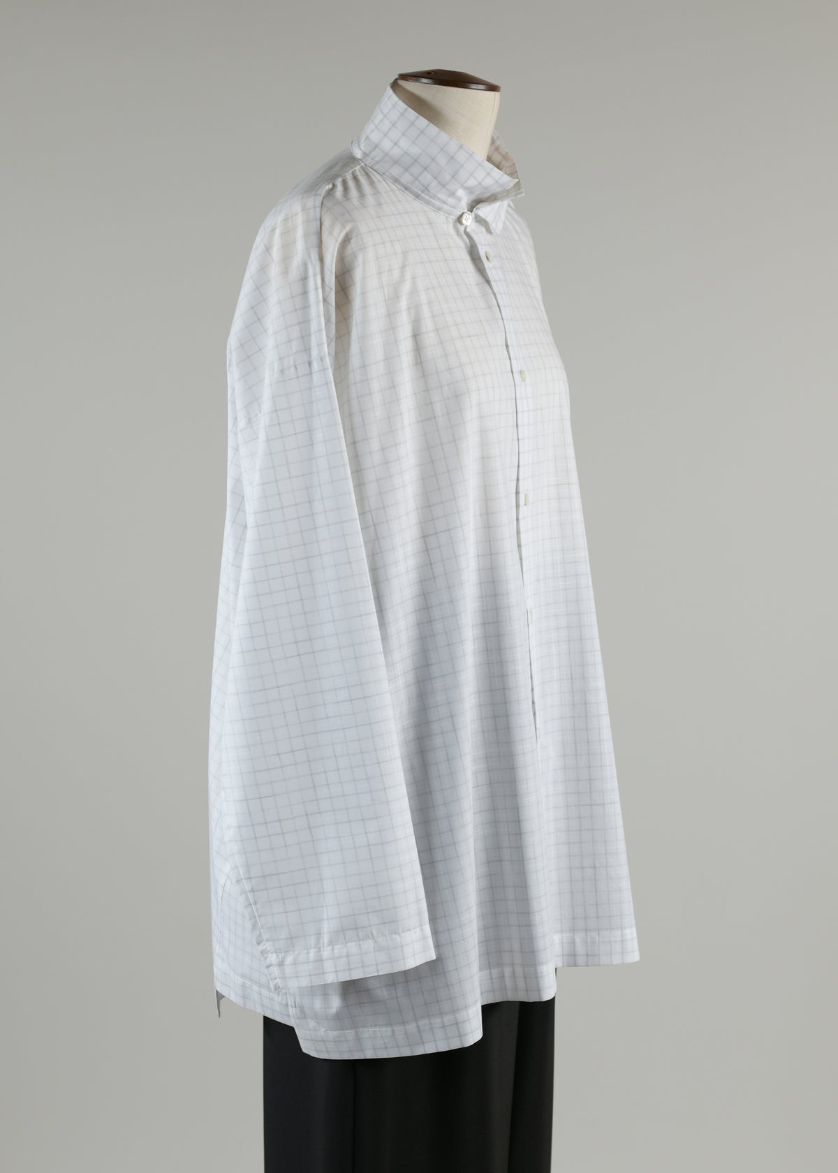 plaid cotton slim a-line double collar shirt with stepped insert - long