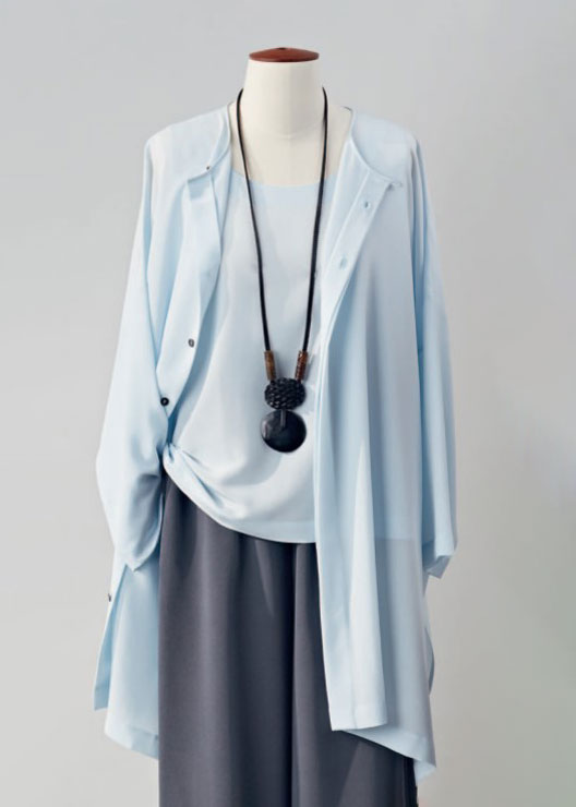 silk wide longer back bound neck shirt - very long with slits