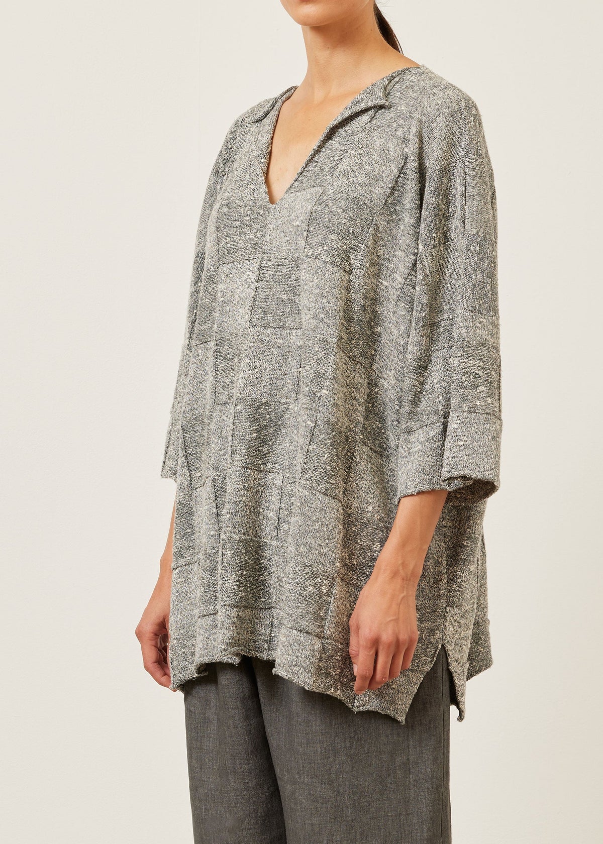 linen silk mix square 3/4 sleeve slit neck sweater - long