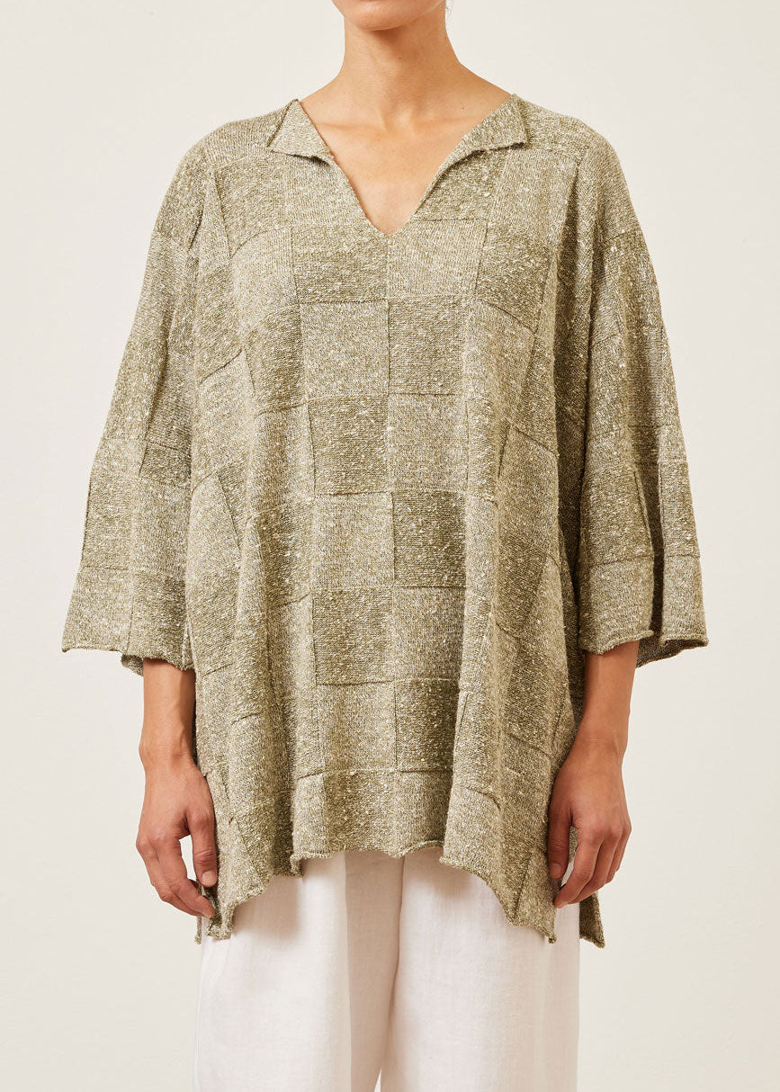linen silk mix square 3/4 sleeve slit neck sweater - long