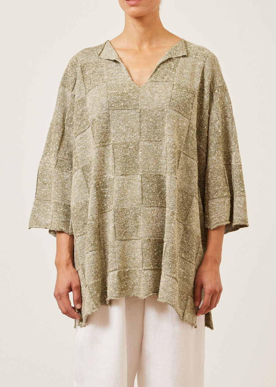 linen silk mix square 3/4 sleeve slit neck sweater - long