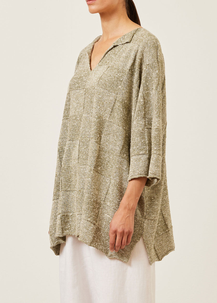 linen silk mix square 3/4 sleeve slit neck sweater - long