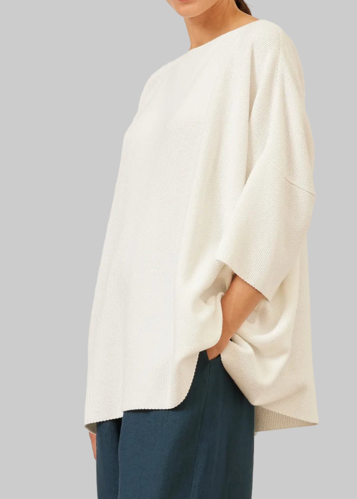 cotton square 3/4 sleeve sweater - long (white)
