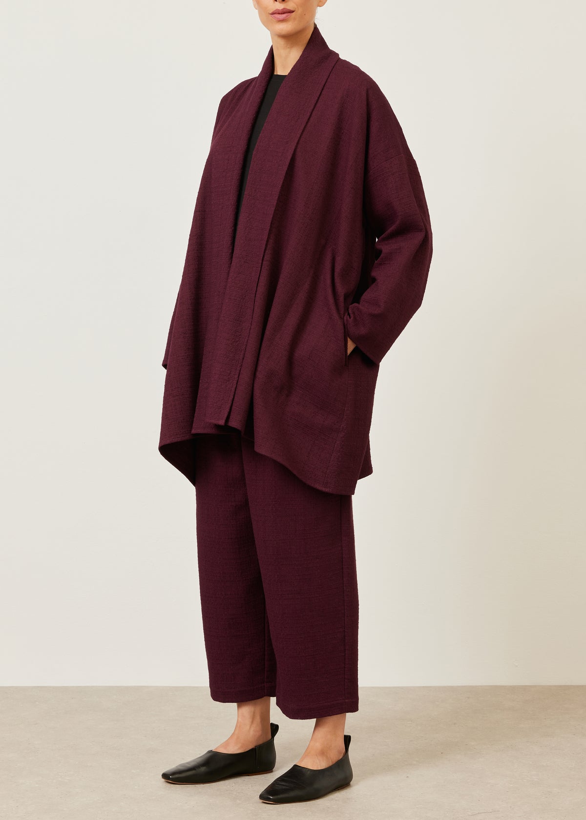 cotton wide a-line scrunch shawl collar jacket - long plus