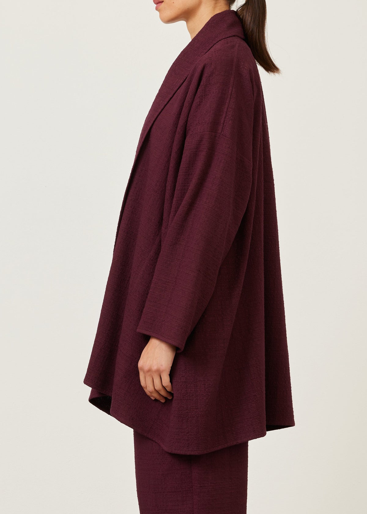 textured cotton wide a-line scrunch shawl collar jacket - long plus