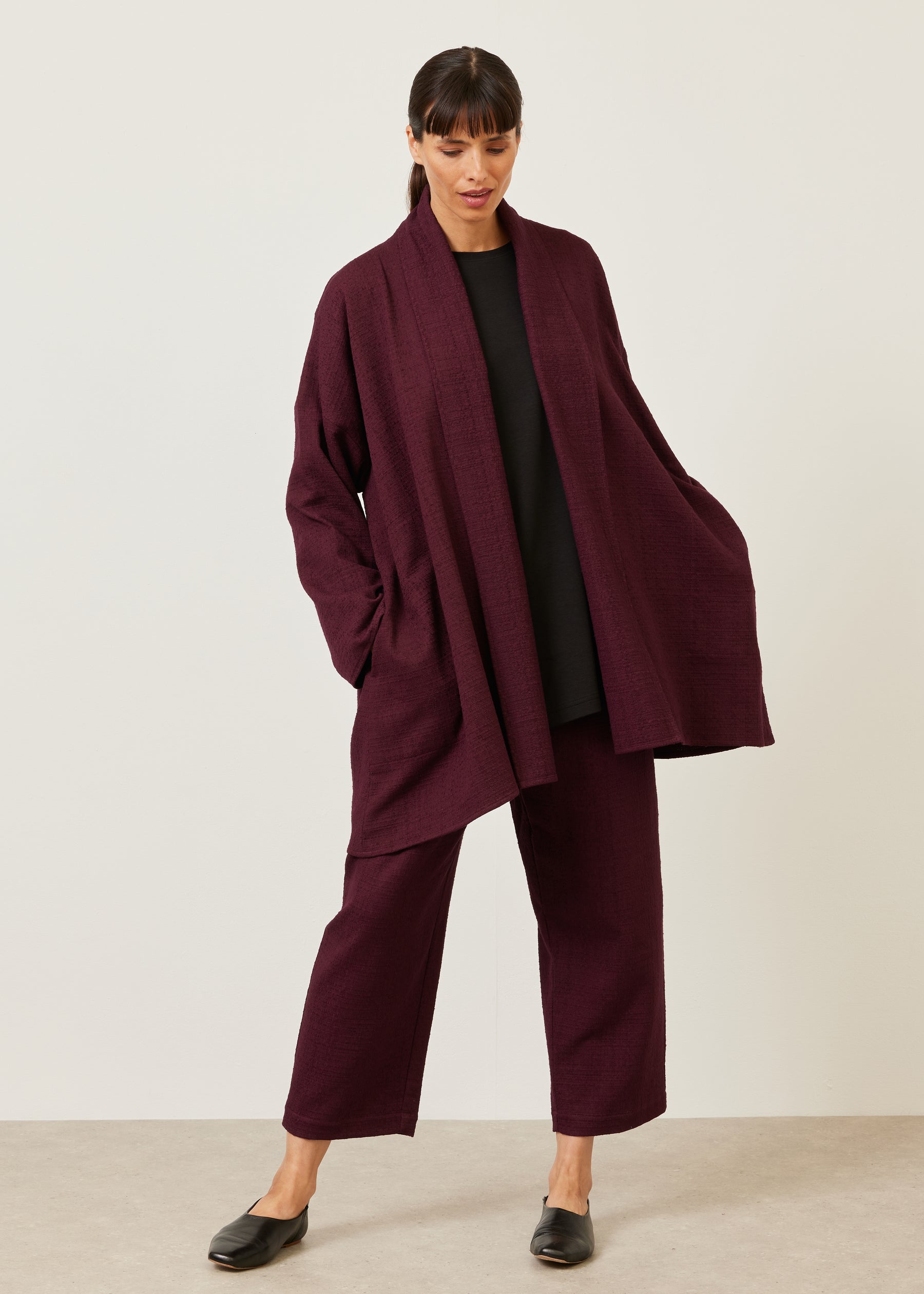 wide a-line scrunch shawl collar jacket - long plus