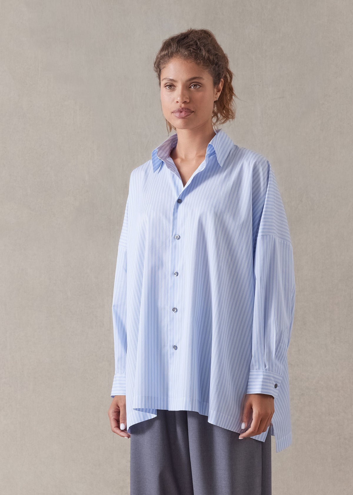 striped cotton wide longer back shirt with collar - long