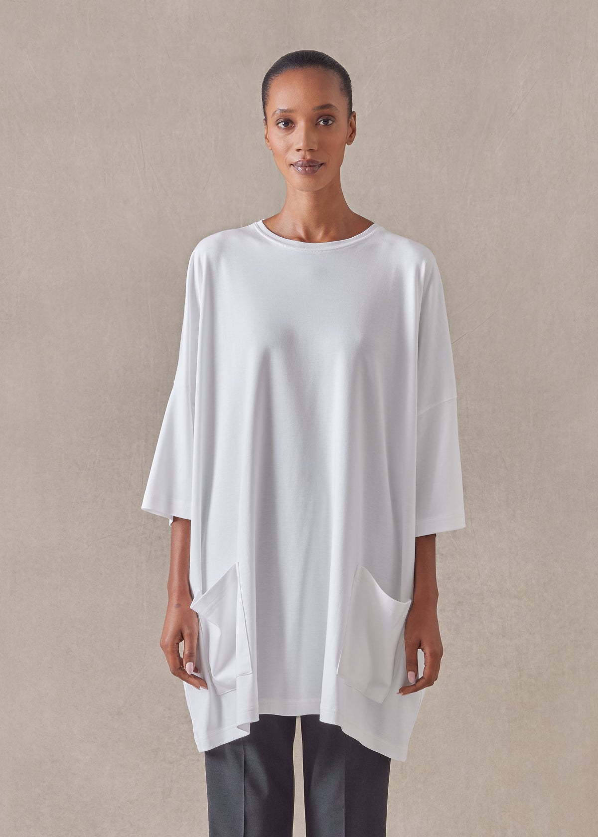 cotton jersey sloped shoulder round neck poncho - long plus (white)