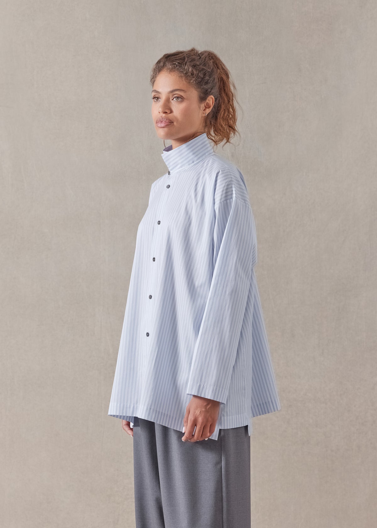 cotton slim a-line two collar shirt with stepped insert - long (skyblue)