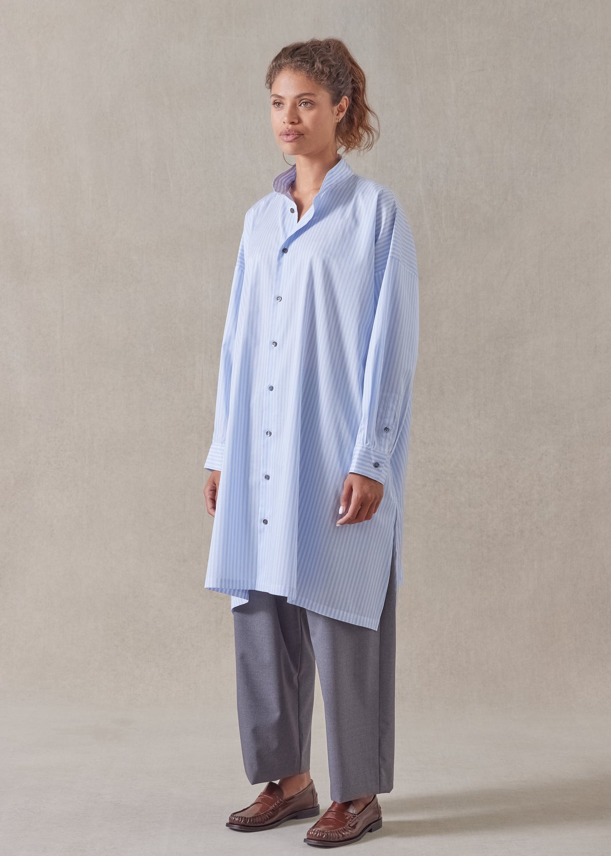 striped cotton wide a-line collarless shirt - very long with slits