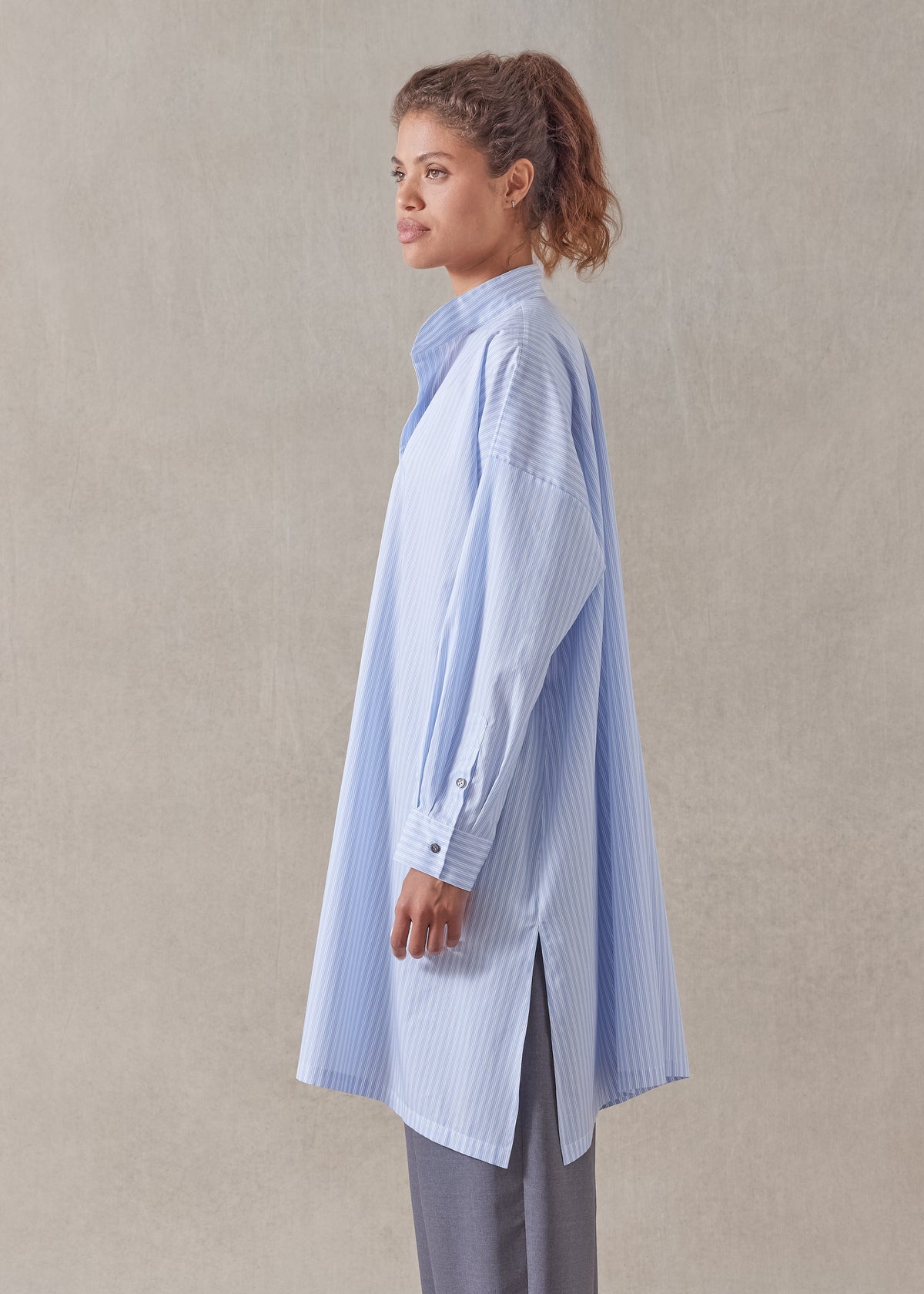 striped cotton wide a-line collarless shirt - very long with slits