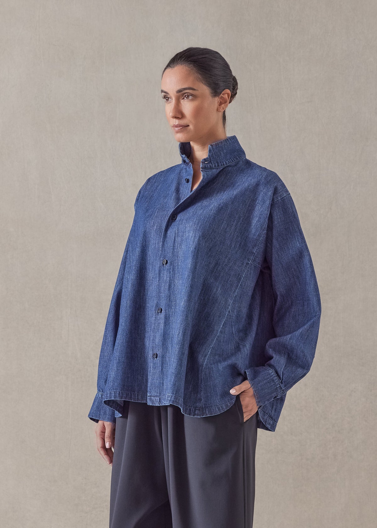 cotton denim caucasus shirt with notch collar - mid plus