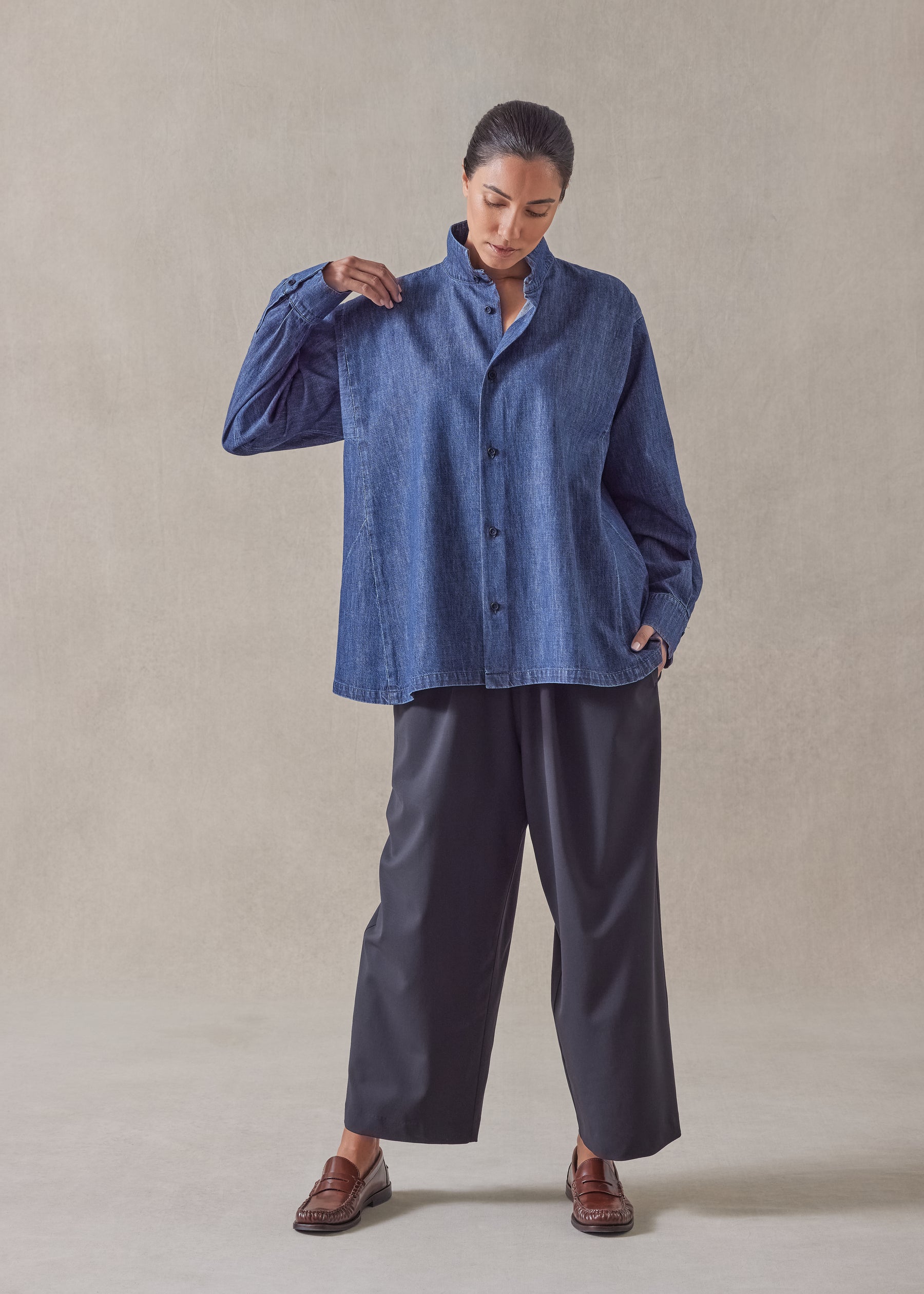 cotton denim caucasus shirt with notch collar - mid plus