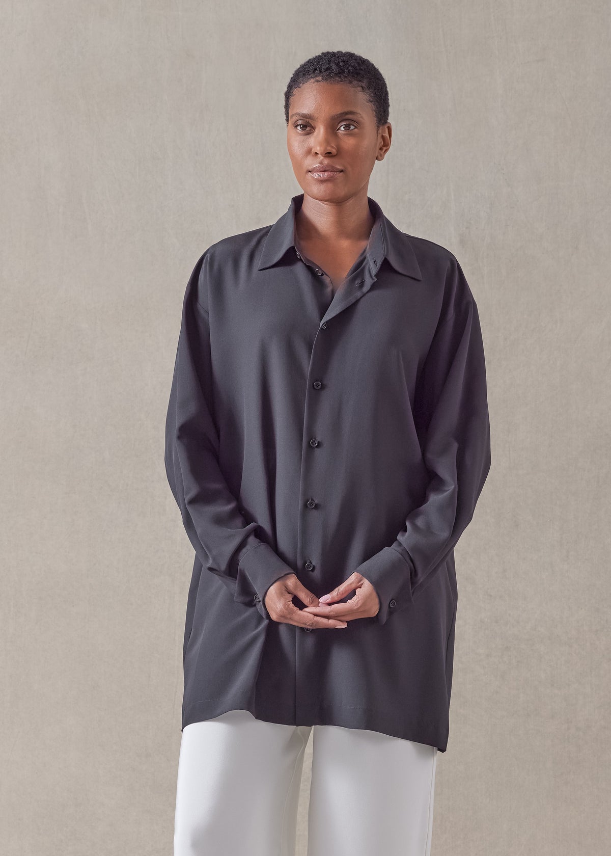 silk slim a-line back pleat shirt with collar - long plus