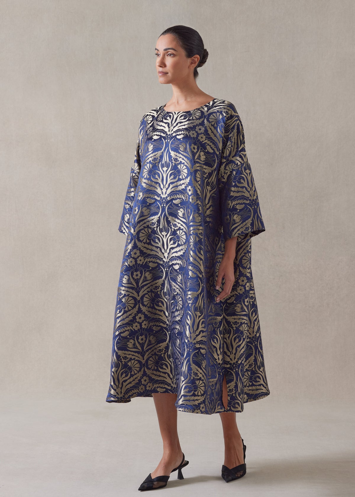 metallicised mix round neck chinese imperial dress (navychampagne)