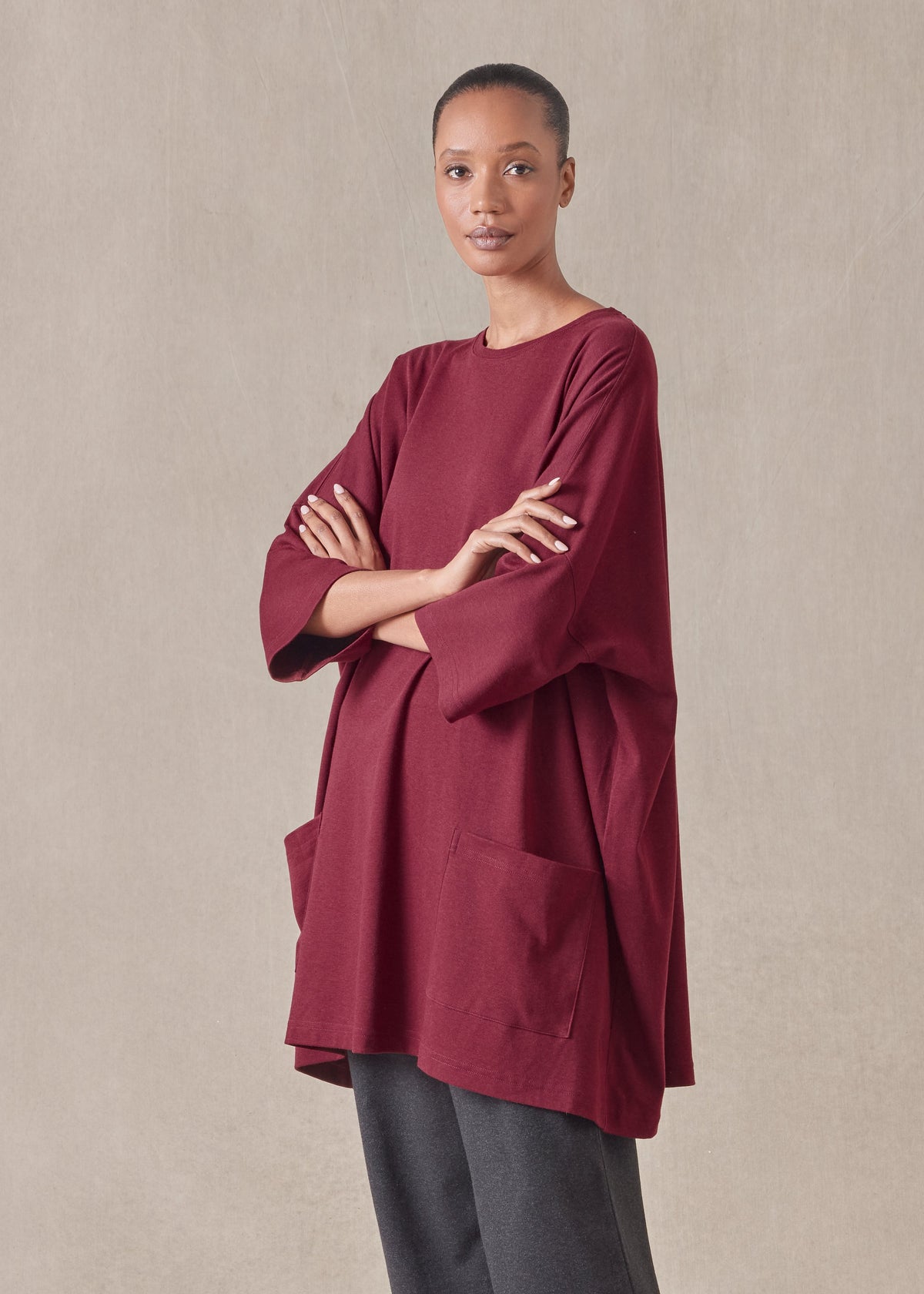 cotton jersey sloped shoulder round neck poncho - long plus