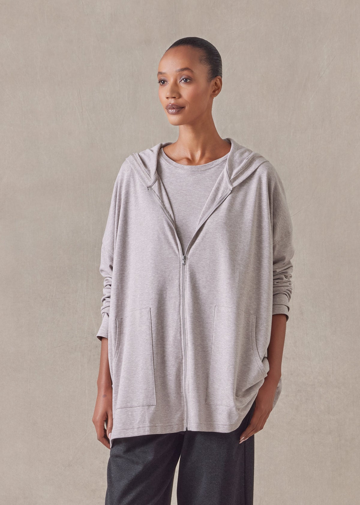 cotton jersey zipped hooded top - long (natural)