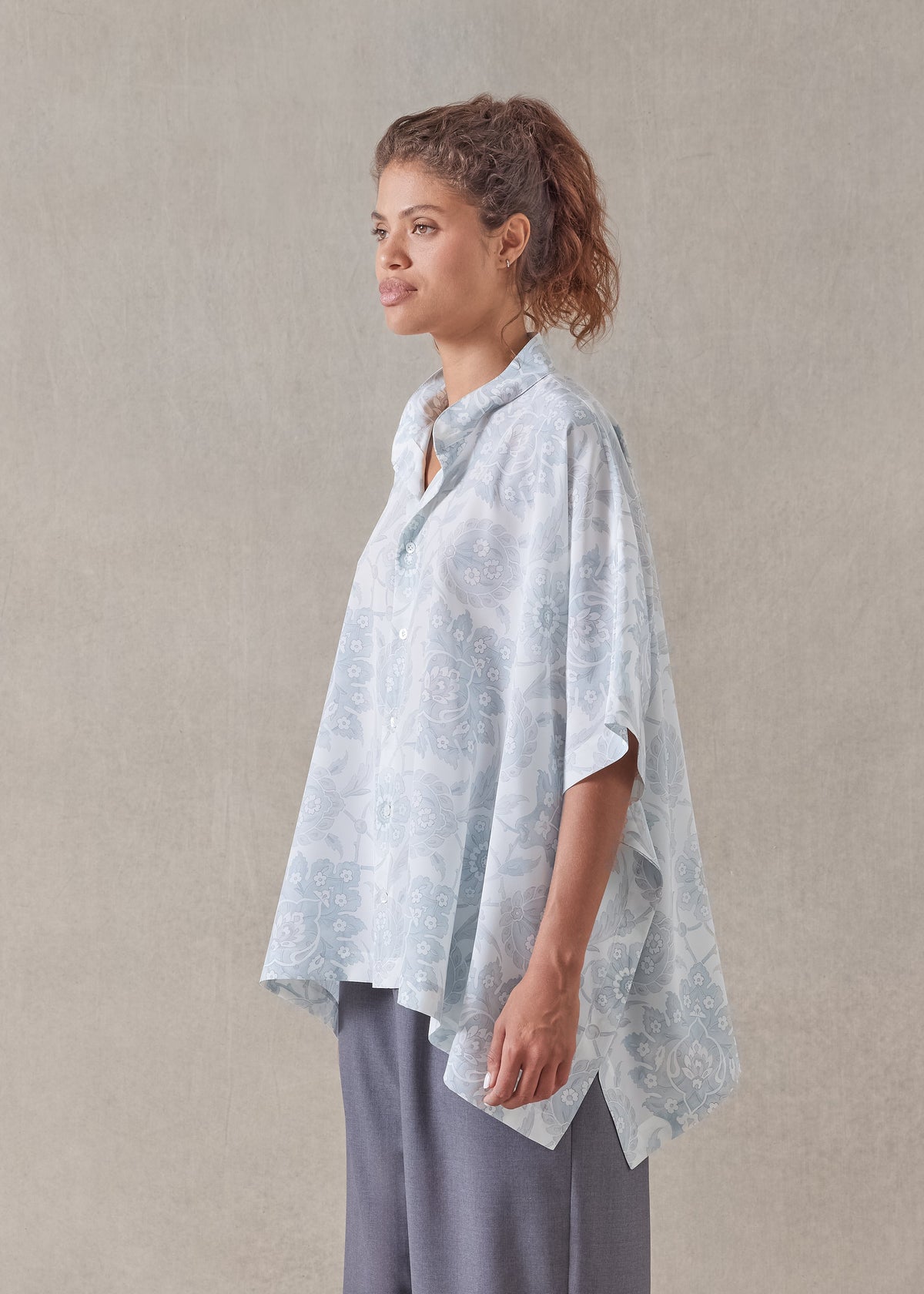 silk collarless longer back kaftan shirt - mid plus