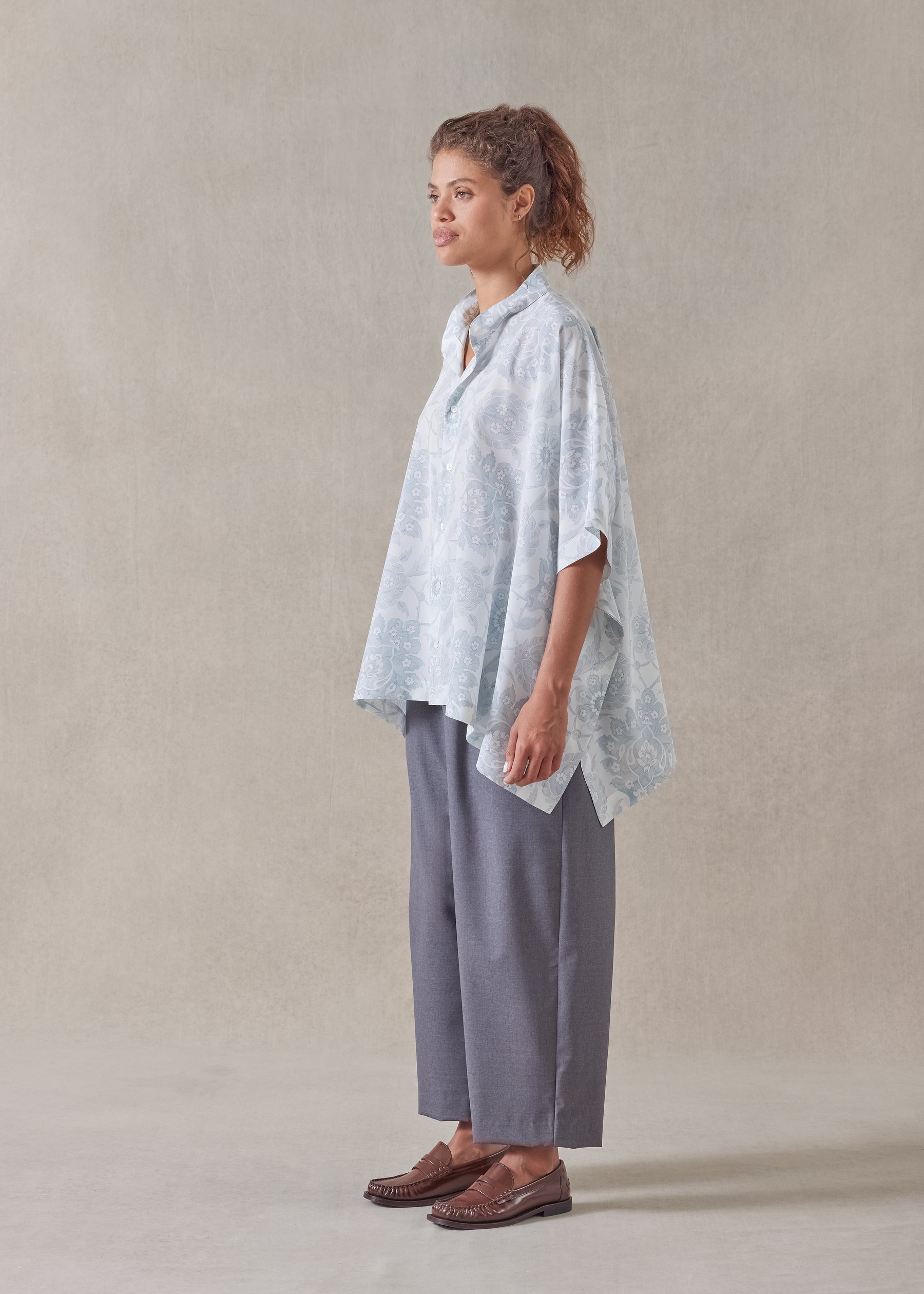 silk collarless longer back kaftan shirt - mid plus