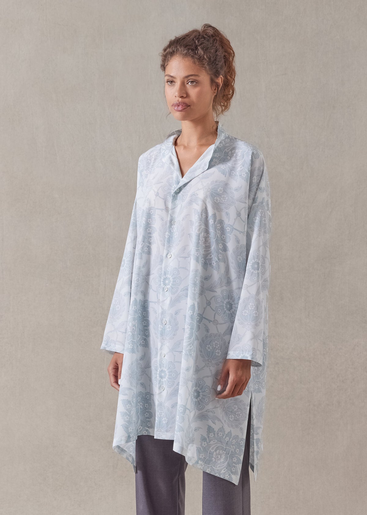 silk wide a-line collarless shirt - very long with slits