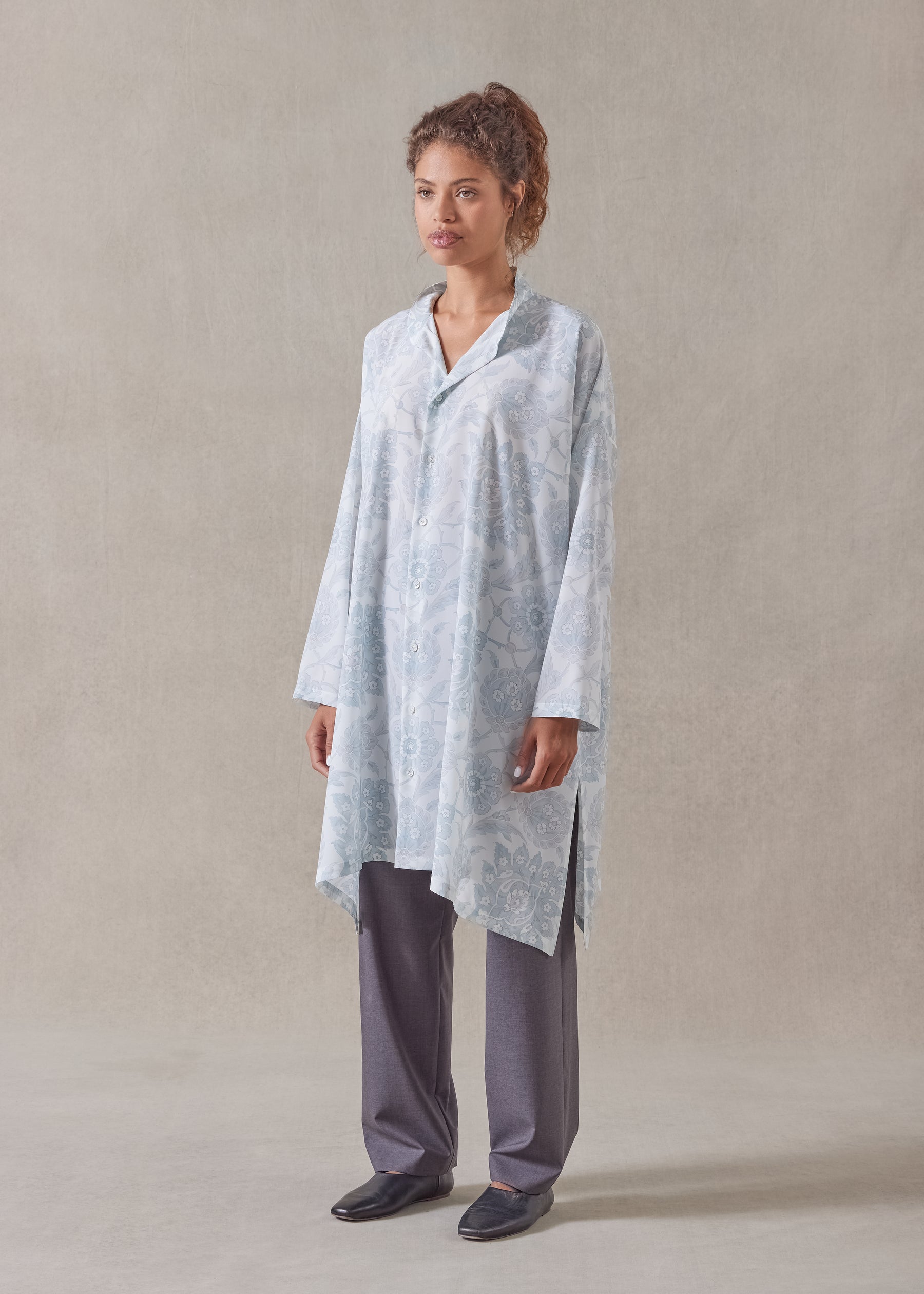 silk wide a-line collarless shirt  - very long with slits