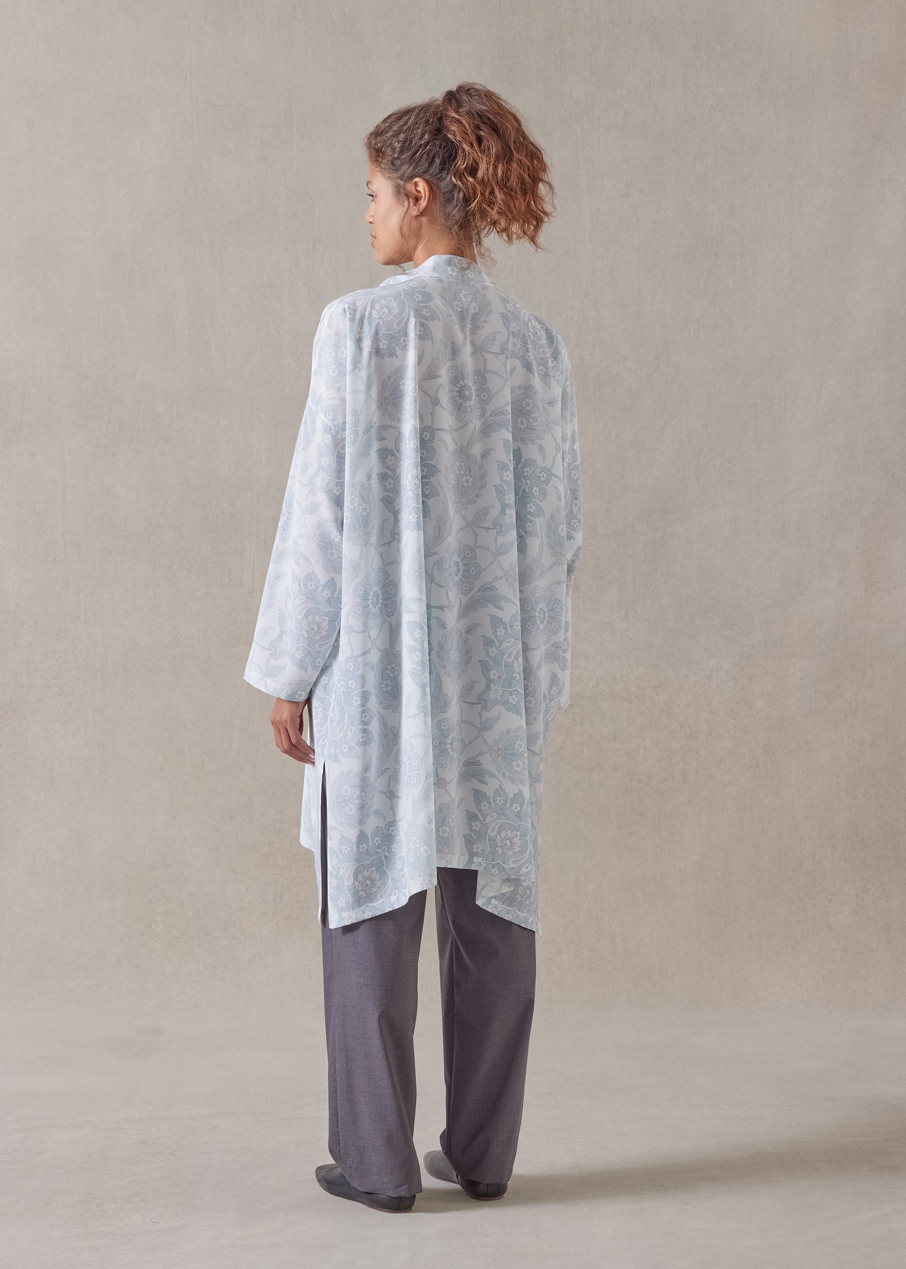 silk wide a-line collarless shirt  - very long with slits