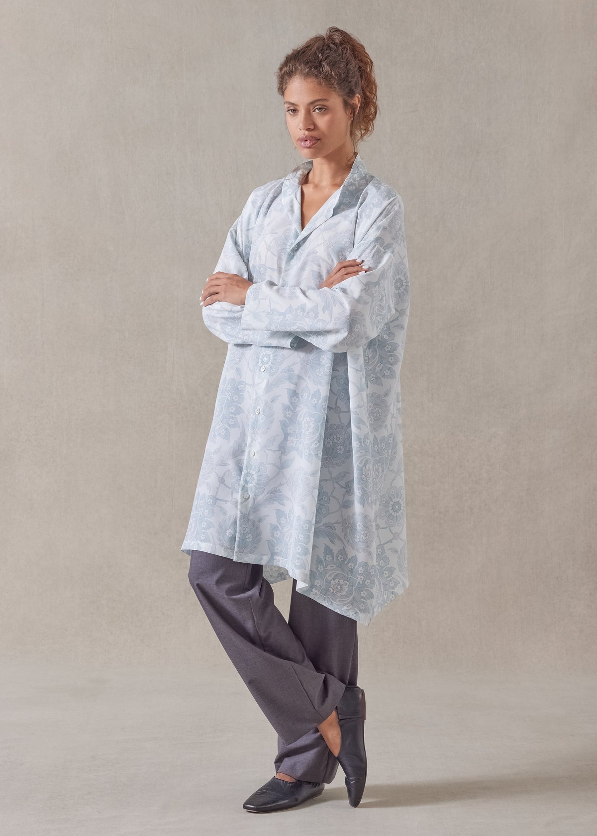 silk wide a-line collarless shirt - very long with slits