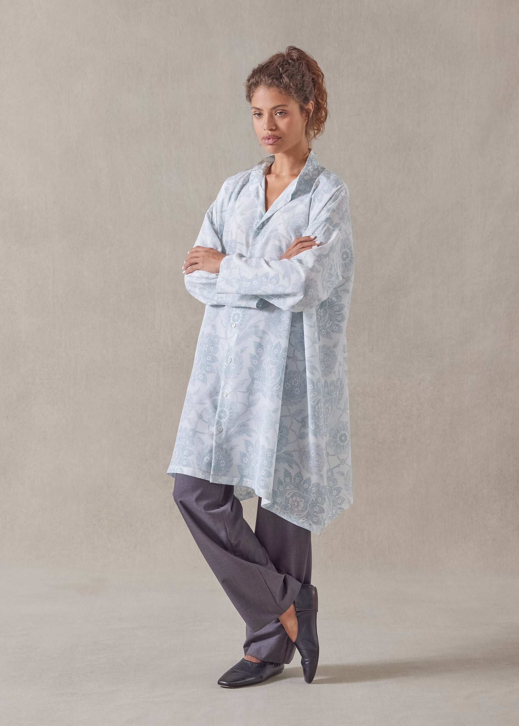 silk wide a-line collarless shirt  - very long with slits